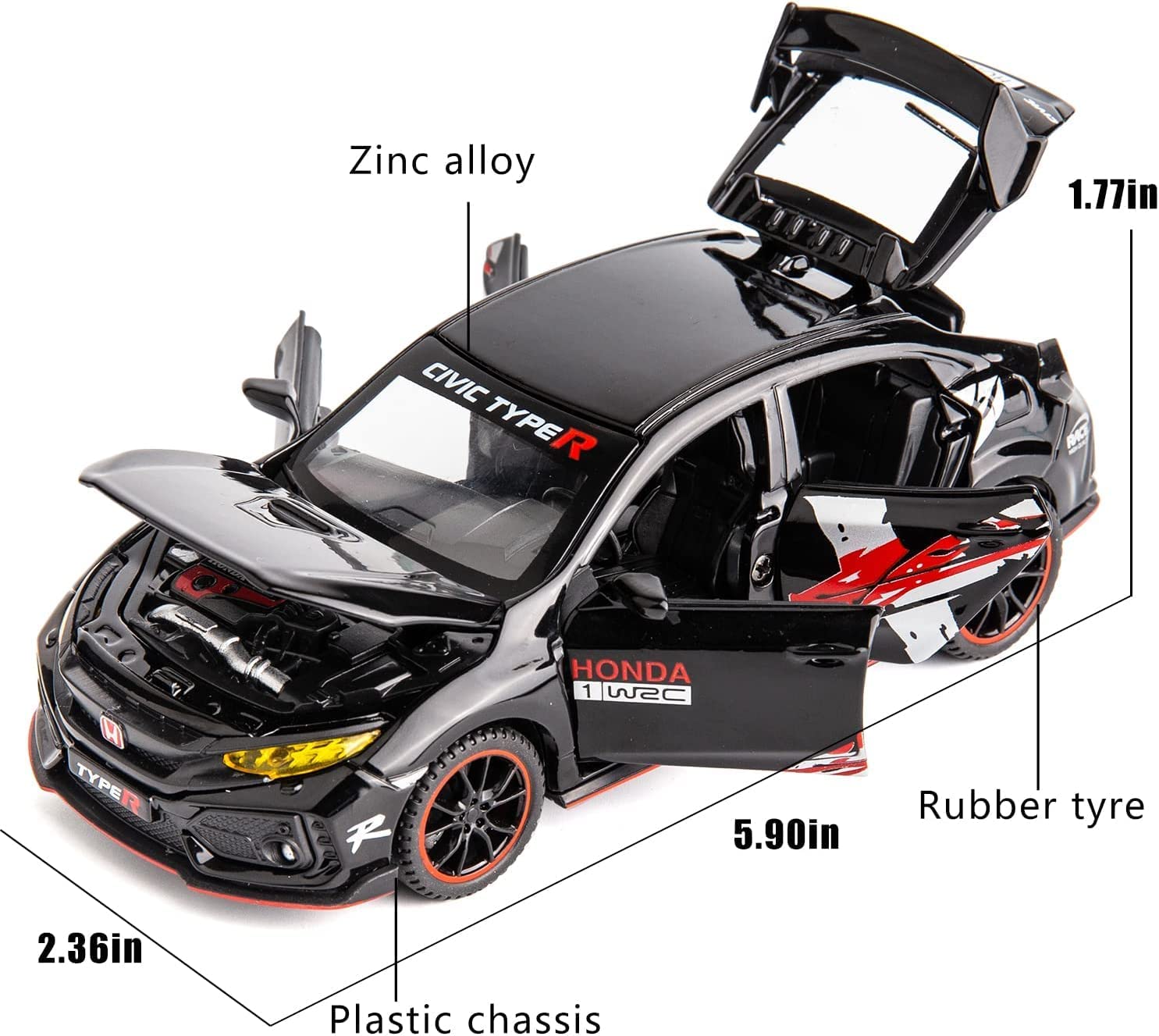 HONDA CIVIC TYPE-R 1:32 DIECAST METAL PULLBACK TOY CAR WITH OPENABLE DOORS & LIGHT, MUSIC BOYS CAR FOR KIDS BEST TOYS GIFTS TOYS FOR KIDS [SIZE:-15CM*6CM*4.5CM]【 MULTICOLOR 】