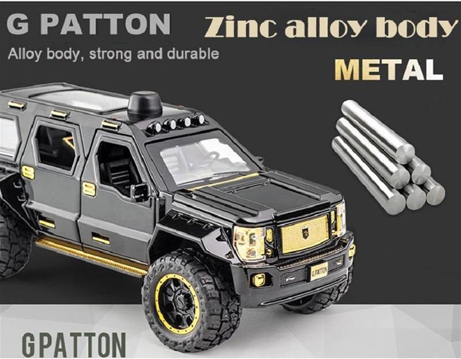 BIG SIZE G-PATTON 1:24 DIECAST METAL PULLBACK TOY CAR WITH OPENABLE DOORS & LIGHT, MUSIC BOYS CAR FOR KIDS BEST TOYS GIFTS TOYS FOR KIDS [SIZE:-19.6CM*8.3CM*8.3CM]【 MULTICOLOR 】