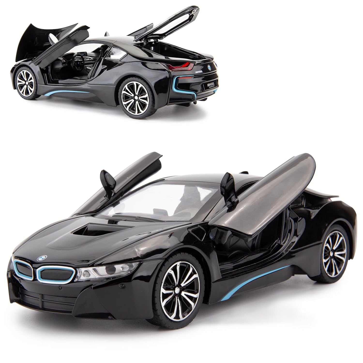 BIG SIZE COMPATIBLE FOR BMW I8 1:24 DIECAST METAL PULLBACK TOY CAR WITH OPENABLE DOORS & LIGHT, MUSIC BOYS CAR FOR KIDS BEST TOYS GIFTS TOYS FOR KIDS [SIZE:-21CM*7CM*6CM]【 MULTICOLOR 】