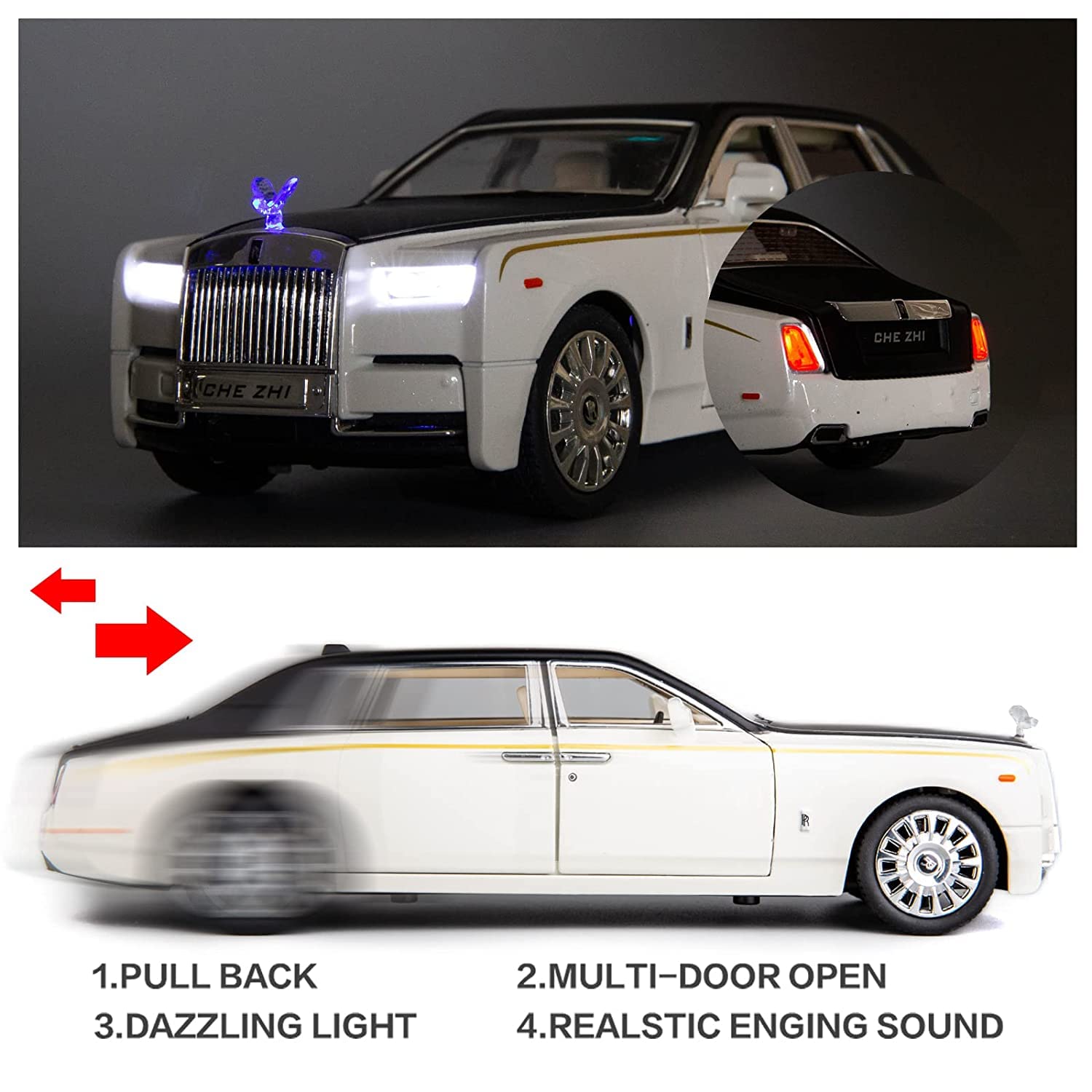 ROLLS ROYCE PHANTOM BIG SIZE 1:24 DIECAST SCALE MODEL METAL PULL BACK WITH OPENABLE DOORS & LIGHT, MUSIC TOY VEHICLE FOR KIDS [SIZE:-21 CM*9CM*8.5CM]【 MULTICOLOR 】