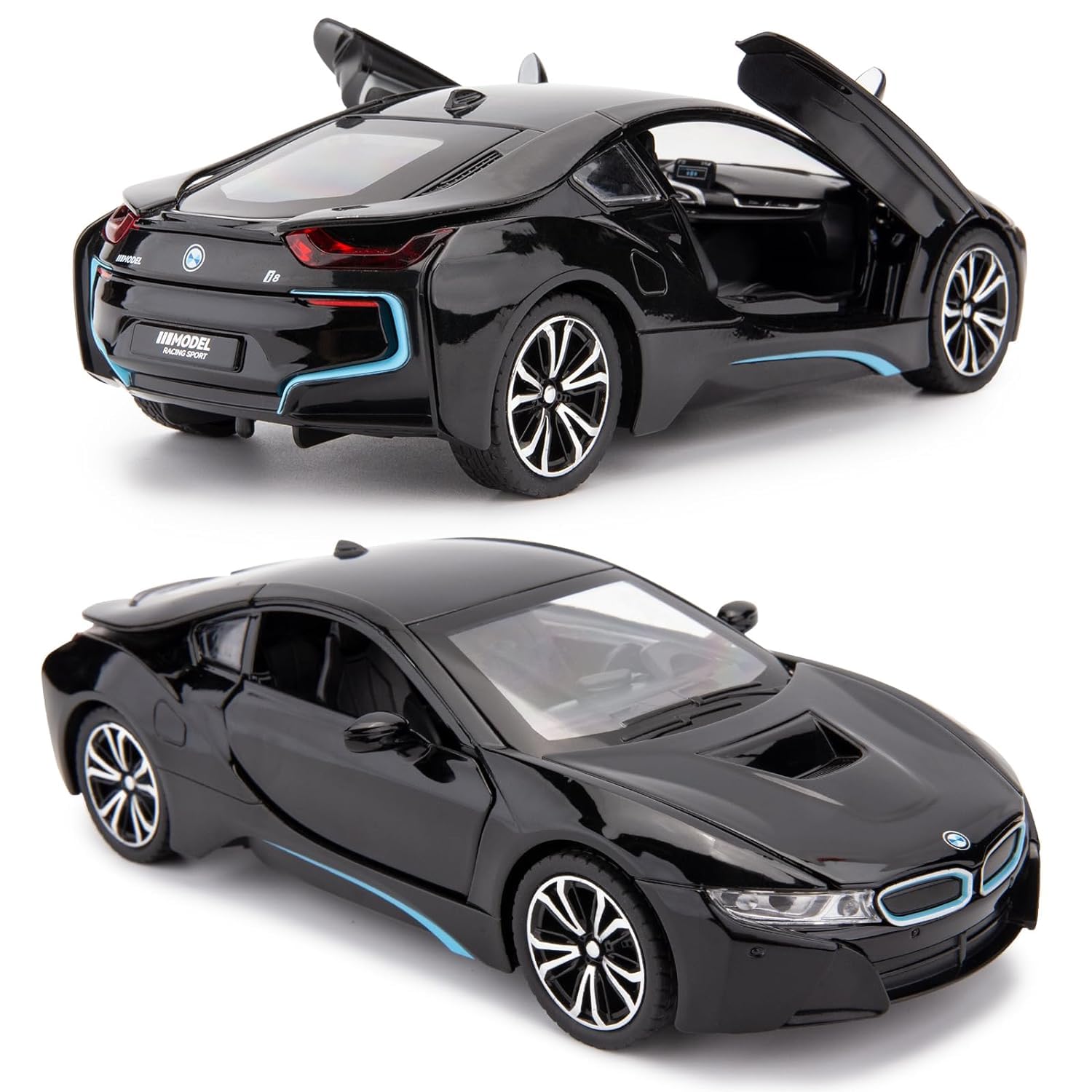 BIG SIZE COMPATIBLE FOR BMW I8 1:24 DIECAST METAL PULLBACK TOY CAR WITH OPENABLE DOORS & LIGHT, MUSIC BOYS CAR FOR KIDS BEST TOYS GIFTS TOYS FOR KIDS [SIZE:-21CM*7CM*6CM]【 MULTICOLOR 】