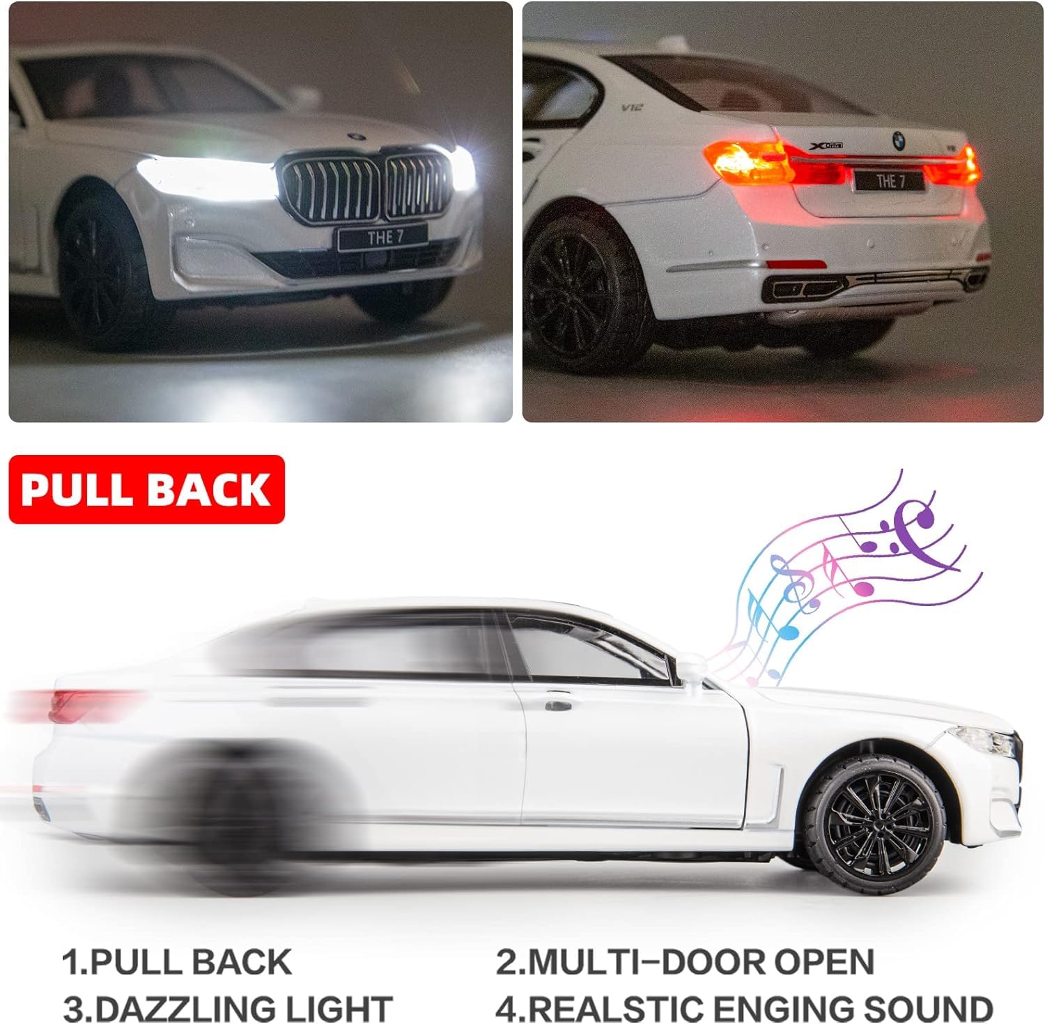 BMW 760Li Big 1:24 Diecast Scale Model Metal Pull Back with Openable Doors & Light, Music Toy Vehicle for Kids [SIZE:-21 CM*9CM*8.5CM]【 MULTICOLOR 】