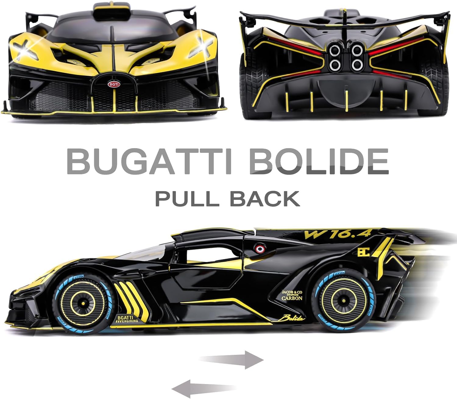 BIG SIZE BUGATTI BOLIDE 1:24 DIECAST METAL PULLBACK TOY CAR WITH OPENABLE DOORS & LIGHT, MUSIC BOYS CAR FOR KIDS BEST TOYS GIFTS TOYS FOR KIDS [SIZE:-21.5CM*9.8CM*5CM]【 MULTICOLOR 】