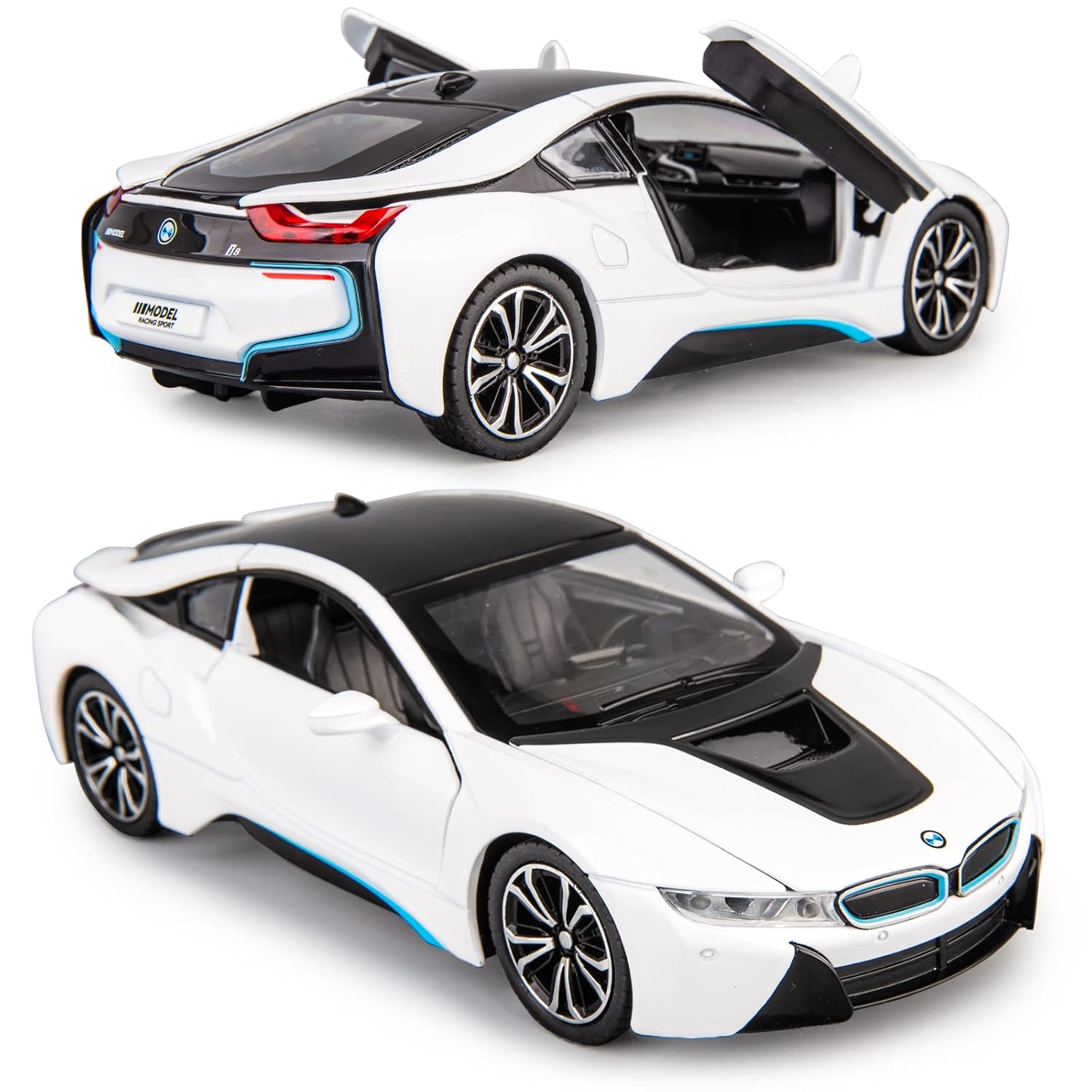 BIG SIZE COMPATIBLE FOR BMW I8 1:24 DIECAST METAL PULLBACK TOY CAR WITH OPENABLE DOORS & LIGHT, MUSIC BOYS CAR FOR KIDS BEST TOYS GIFTS TOYS FOR KIDS [SIZE:-21CM*7CM*6CM]【 MULTICOLOR 】