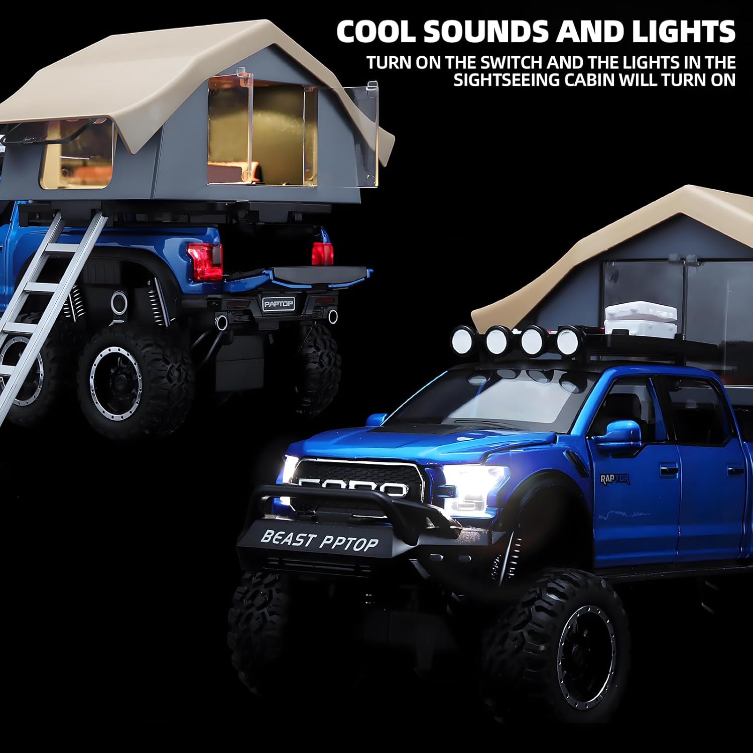 TRUCKS FOR KIDS F150 RAPTOR DIECAST TRUCKS, MODEL F150 PICKUP TRUCK WITH SIGHTSEEING CABIN, PULL BACK TRUCK TOYS WITH LIGHT AND SOUND [SIZE:-22CM*13.4CM*12.2CM]【 MULTICOLOR 】