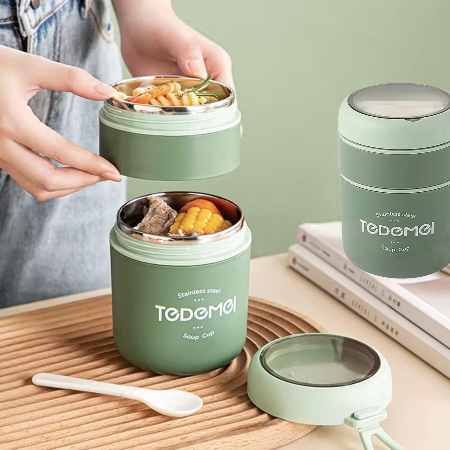 2 Container Portable Thermal Lunch Box with Stainless Steel