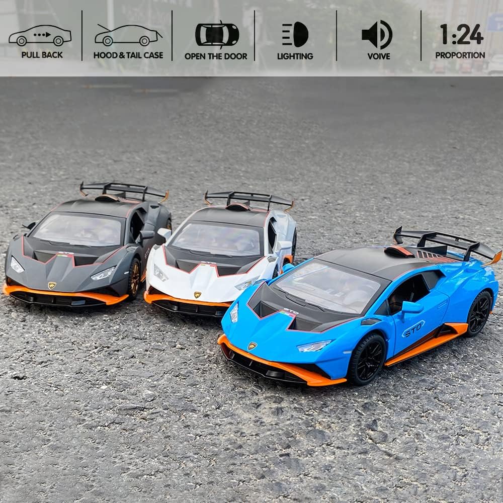 BIG SIZE LAMBORGHINI HURRICANE STO SPORTS 1:24 DIECAST METAL PULLBACK TOY CAR WITH OPENABLE DOORS & LIGHT, MUSIC BOYS CAR FOR KIDS BEST TOYS GIFTS TOYS FOR KIDS [SIZE:-21CM*9CM*5.3CM]【 MULTICOLOR 】