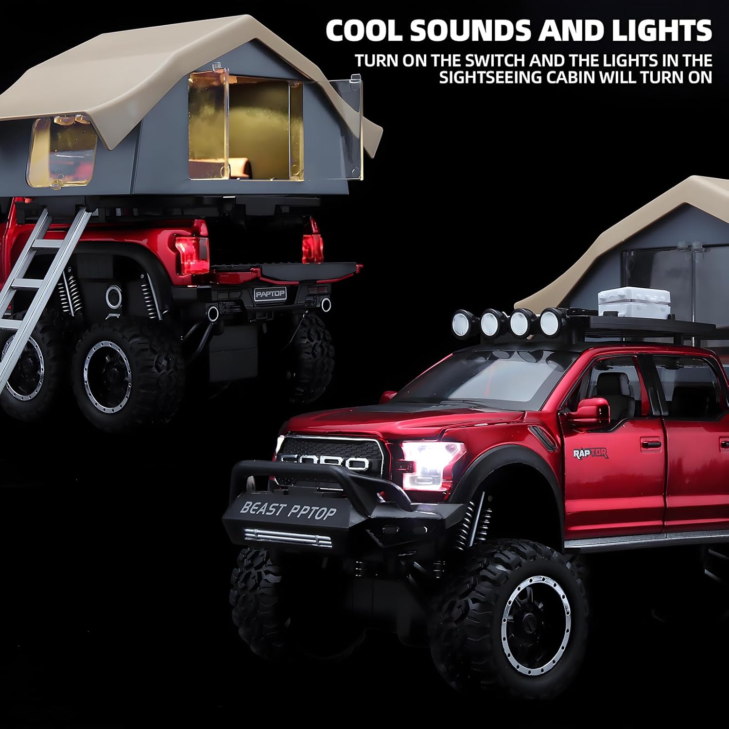 TRUCKS FOR KIDS F150 RAPTOR DIECAST TRUCKS, MODEL F150 PICKUP TRUCK WITH SIGHTSEEING CABIN, PULL BACK TRUCK TOYS WITH LIGHT AND SOUND [SIZE:-22CM*13.4CM*12.2CM]【 MULTICOLOR 】