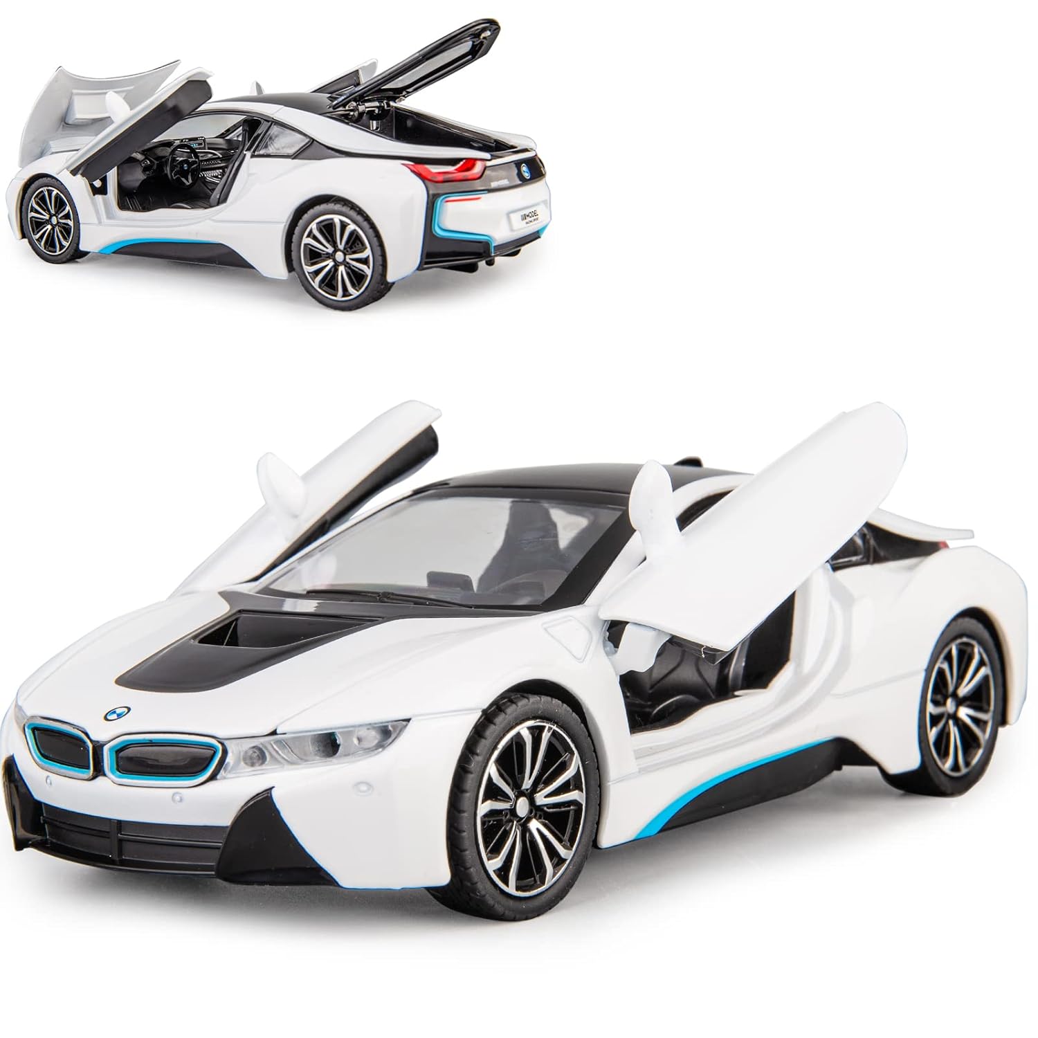 BIG SIZE COMPATIBLE FOR BMW I8 1:24 DIECAST METAL PULLBACK TOY CAR WITH OPENABLE DOORS & LIGHT, MUSIC BOYS CAR FOR KIDS BEST TOYS GIFTS TOYS FOR KIDS [SIZE:-21CM*7CM*6CM]【 MULTICOLOR 】