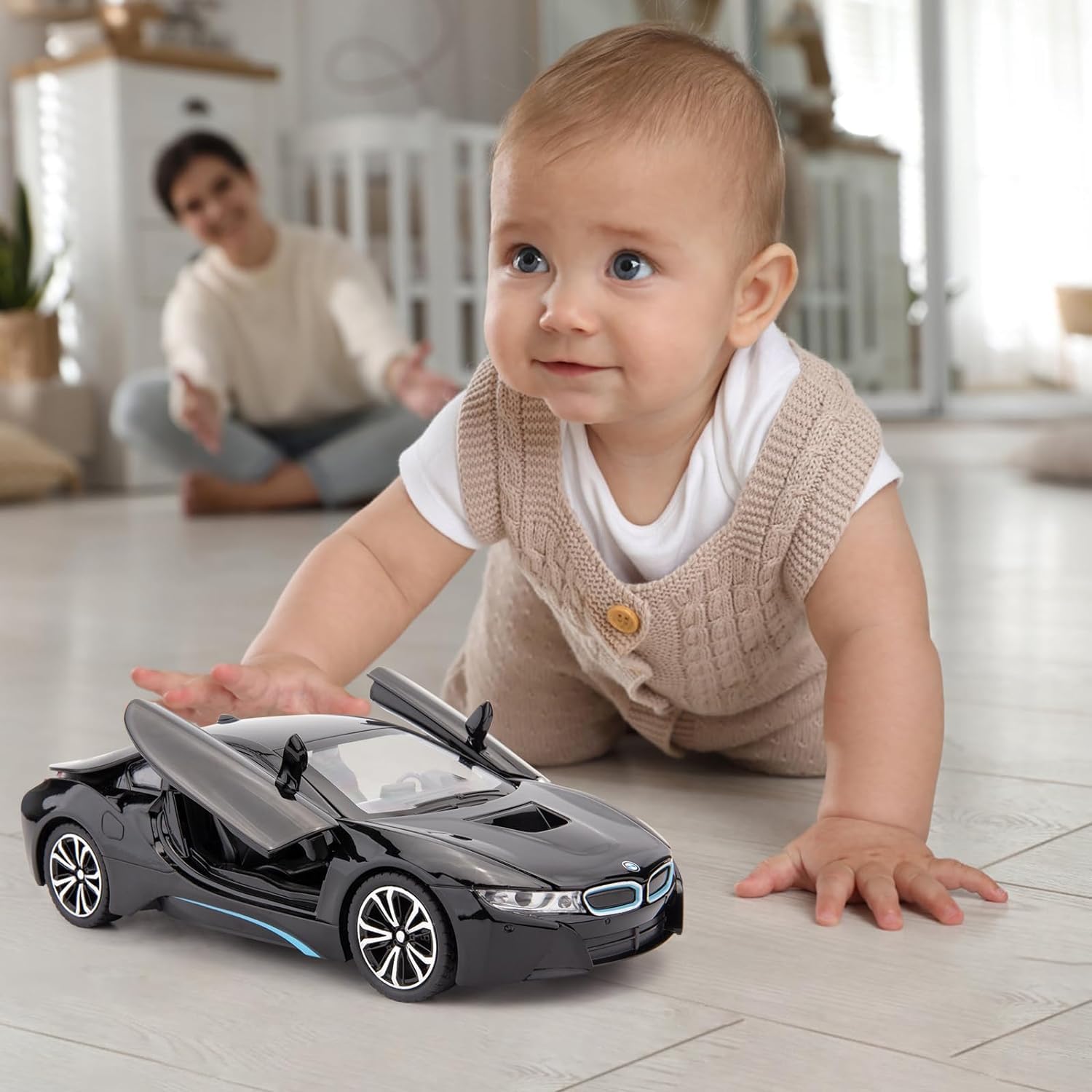 BIG SIZE COMPATIBLE FOR BMW I8 1:24 DIECAST METAL PULLBACK TOY CAR WITH OPENABLE DOORS & LIGHT, MUSIC BOYS CAR FOR KIDS BEST TOYS GIFTS TOYS FOR KIDS [SIZE:-21CM*7CM*6CM]【 MULTICOLOR 】