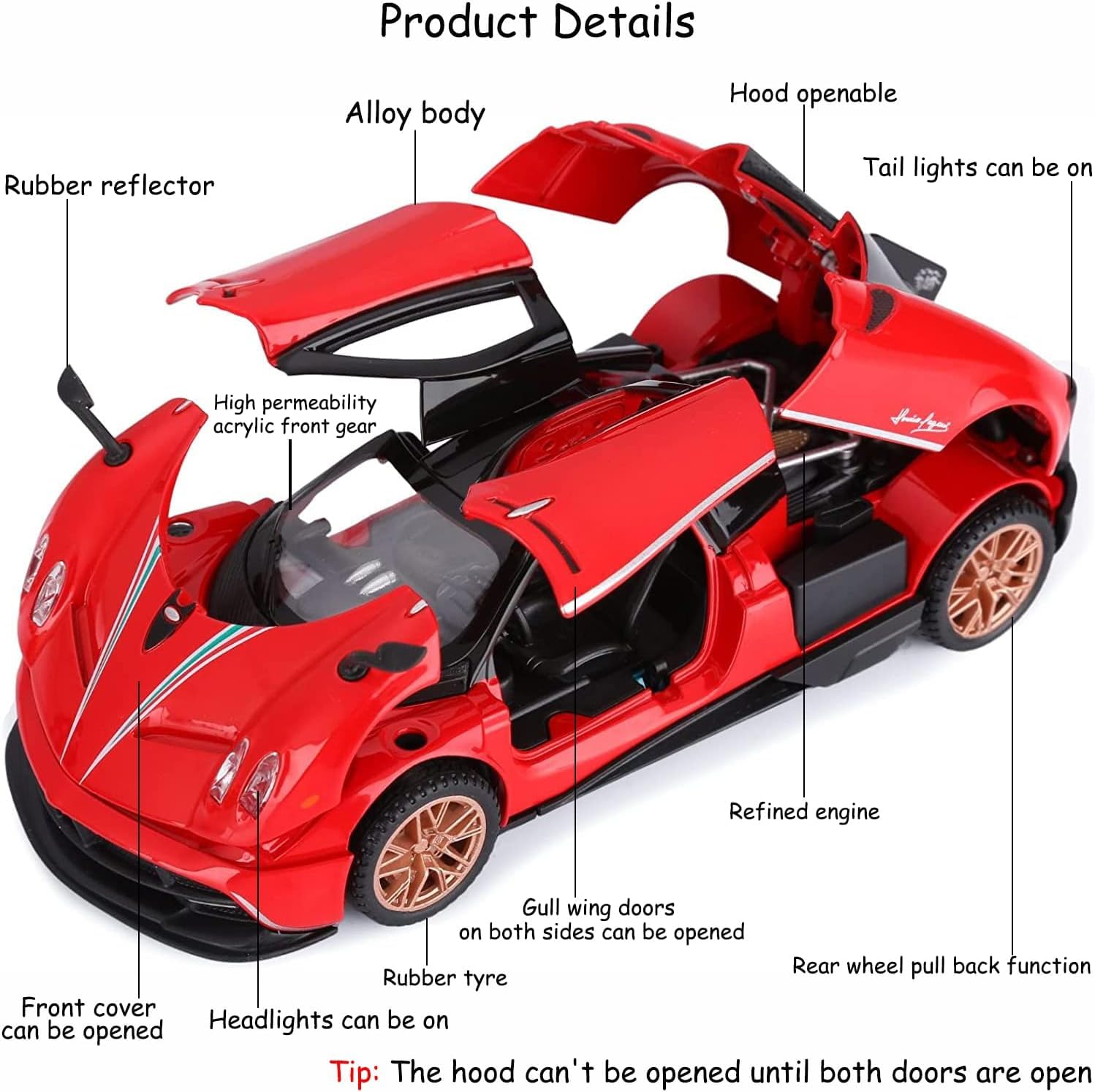 PAGANI HUAYRA 1/24 DIECAST  METAL PULL BACK DIECAST CAR WITH OPENABLE DOOR AND SOUND LIGHT, GIFTS TOYS FOR KIDS【 MULTICOLOR 】[SIZE : 20.5CM* 8.8CM*5CM]