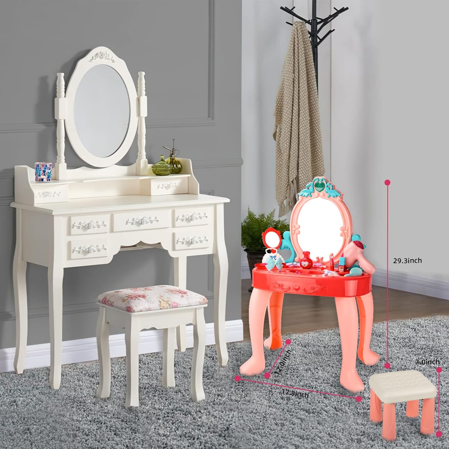 UNIH Toddler Vanity Set Kids Toy Vanity Table for Little Girls with Mirror and Stool, Princess Vanity Toys for 2 3 4 5 Year Old Girls Gift