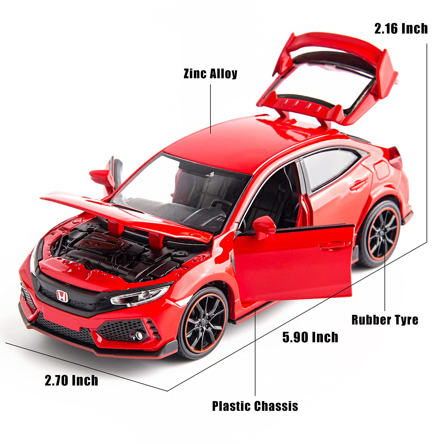 HONDA CIVIC TYPE-R 1:32 DIECAST METAL PULLBACK TOY CAR WITH OPENABLE DOORS & LIGHT, MUSIC BOYS CAR FOR KIDS BEST TOYS GIFTS TOYS FOR KIDS [SIZE:-15CM*6CM*4.5CM]【 MULTICOLOR 】