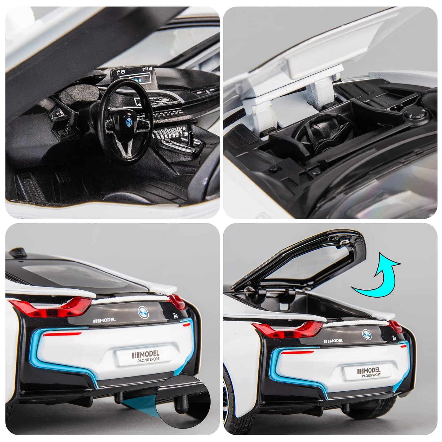 BIG SIZE COMPATIBLE FOR BMW I8 1:24 DIECAST METAL PULLBACK TOY CAR WITH OPENABLE DOORS & LIGHT, MUSIC BOYS CAR FOR KIDS BEST TOYS GIFTS TOYS FOR KIDS [SIZE:-21CM*7CM*6CM]【 MULTICOLOR 】