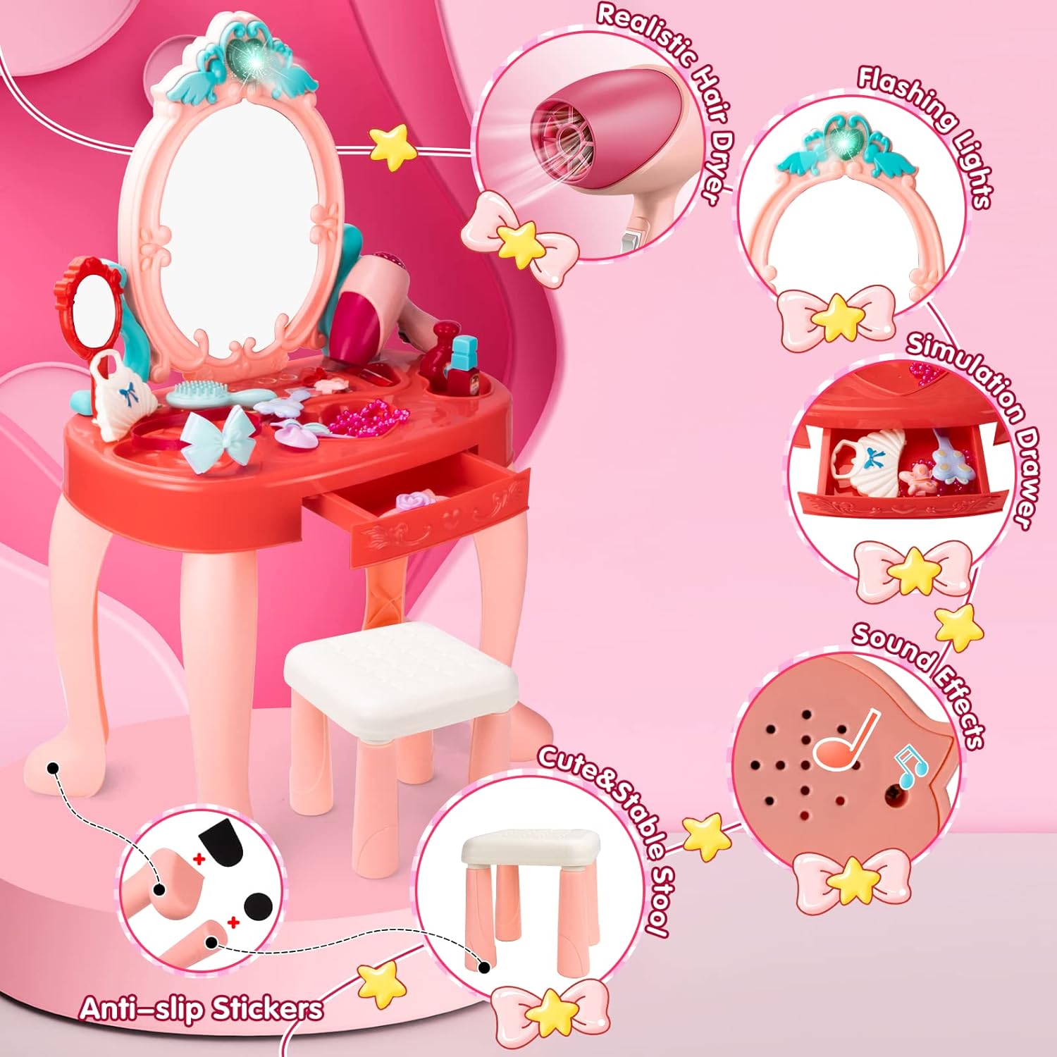 UNIH Toddler Vanity Set Kids Toy Vanity Table for Little Girls with Mirror and Stool, Princess Vanity Toys for 2 3 4 5 Year Old Girls Gift