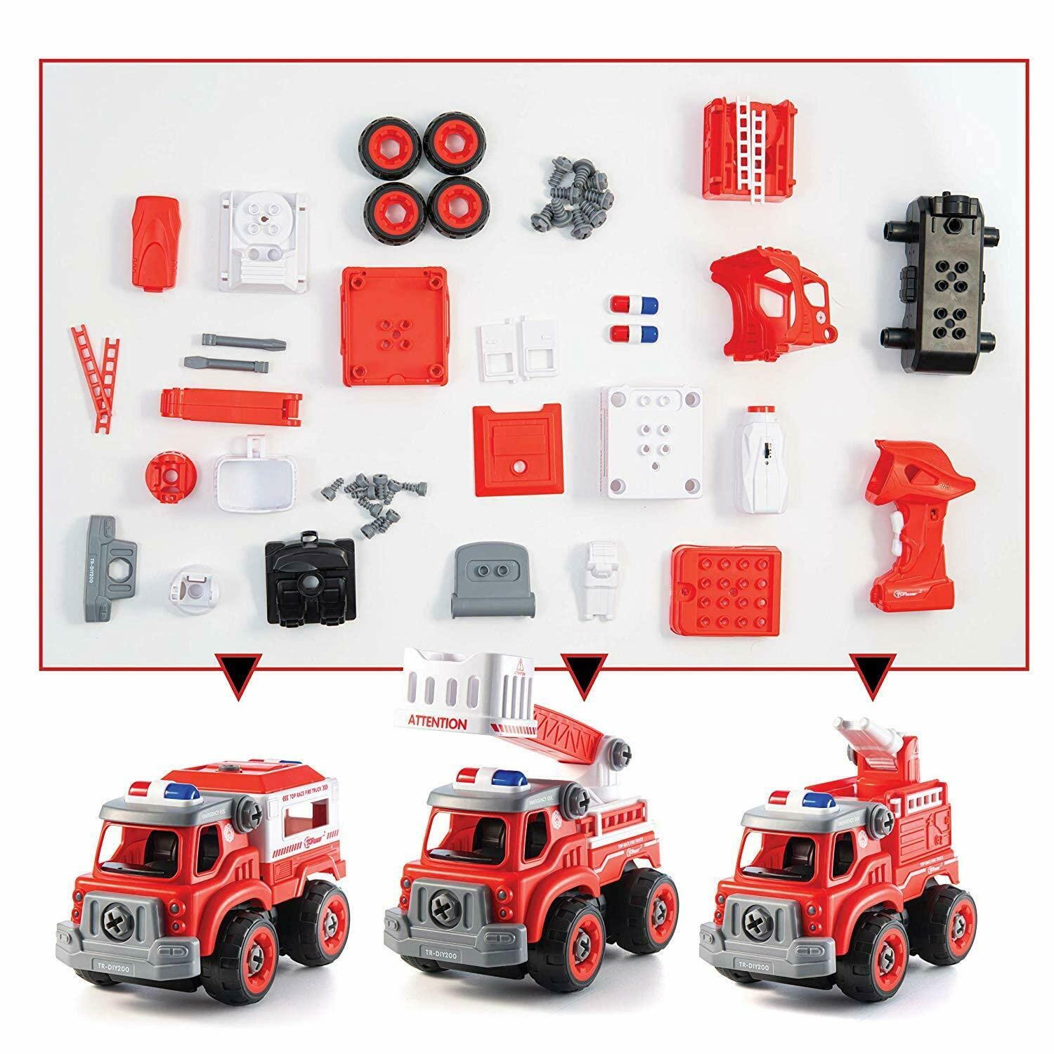 FIRE TRUCKS TOY PLAYSET 4 DIY TAKE APART TOYS CREATION DIY ASSEMBLY TOY DISASSEMBLING FIRE RESCUE TRUCKS SET UNBREAKABLE SCREWDRIVER AND DRILL MACHINE, EDUCATIONAL GIFT FOR KIDS 3-14 YEARS