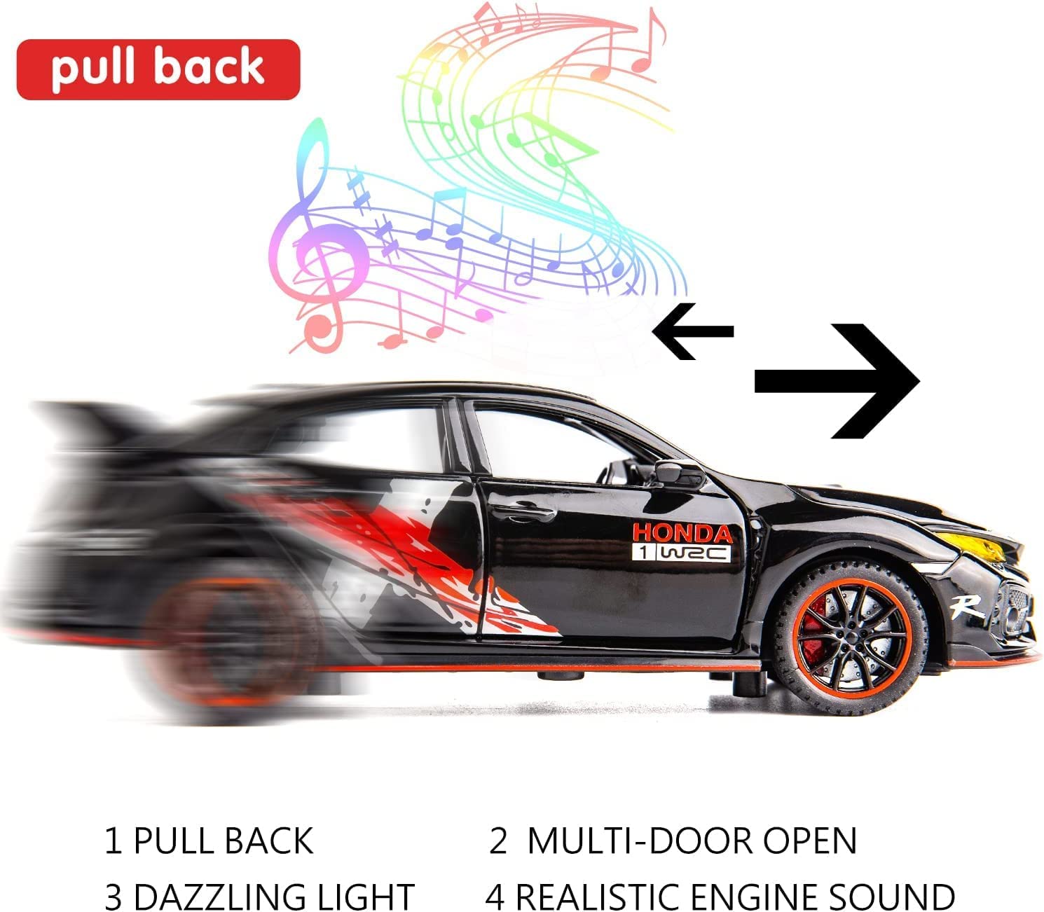 HONDA CIVIC TYPE-R 1:32 DIECAST METAL PULLBACK TOY CAR WITH OPENABLE DOORS & LIGHT, MUSIC BOYS CAR FOR KIDS BEST TOYS GIFTS TOYS FOR KIDS [SIZE:-15CM*6CM*4.5CM]【 MULTICOLOR 】