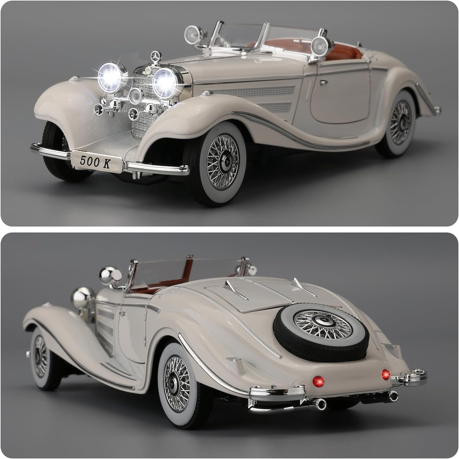 NEW VINTAGE 1936 MERCEDES-BENZ 500K SPECIAL-ROADSTER BIG SIZE  1:24 DIECAST METAL PULLBACK TOY CAR WITH OPENABLE DOORS & LIGHT, MUSIC BOYS CAR FOR KIDS BEST TOYS GIFTS TOYS FOR KIDS [SIZE:-22CM*8CM*6CM]【 MULTICOLOR 】