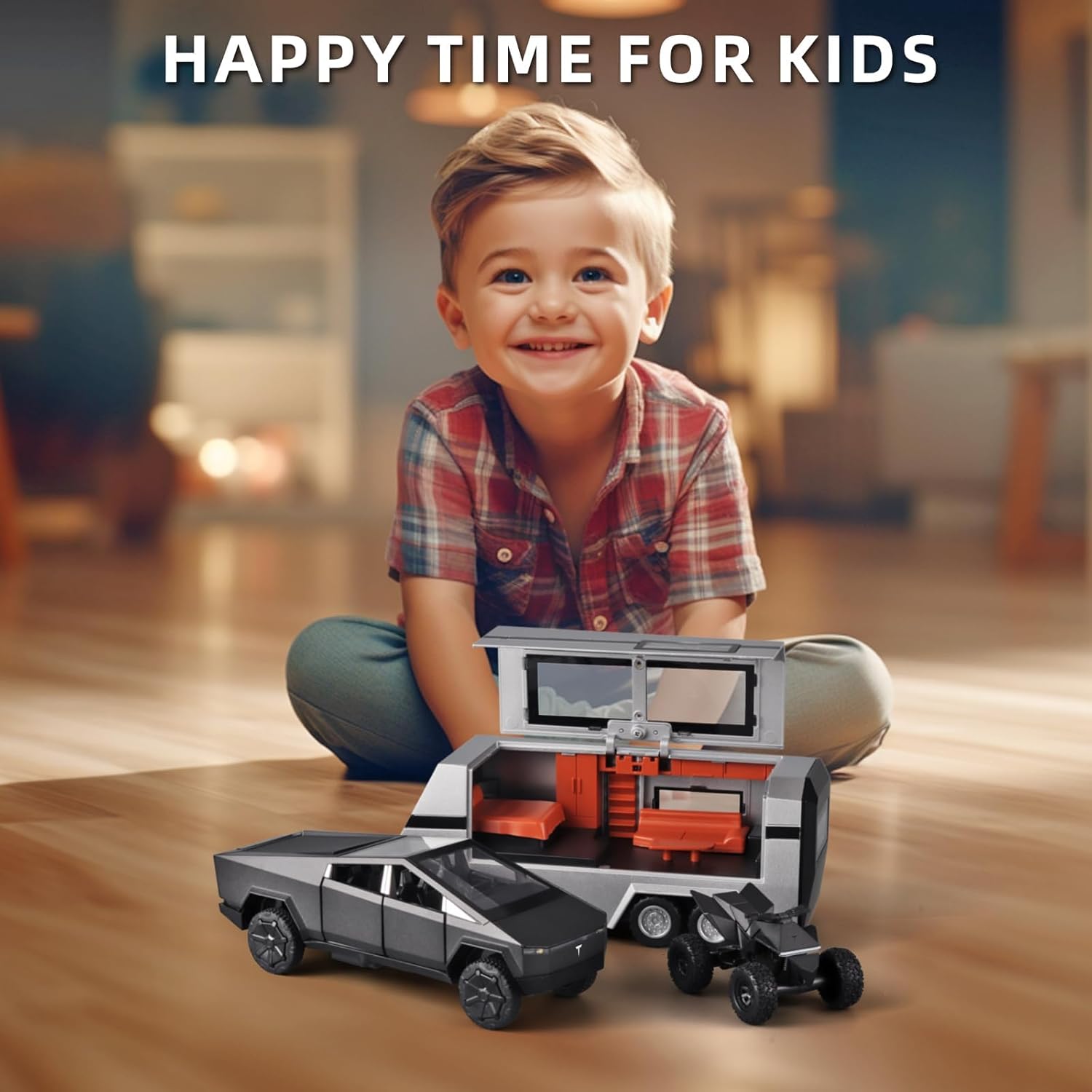 TESLA CYBER TRUCK PICK-UP TRAILER CAMPER 1:32 DIECAST METAL PULLBACK TOY CAR WITH OPENABLE DOORS & LIGHT, MUSIC BOYS CAR FOR KIDS BEST TOYS GIFTS TOYS FOR KIDS【 MULTICOLOR 】