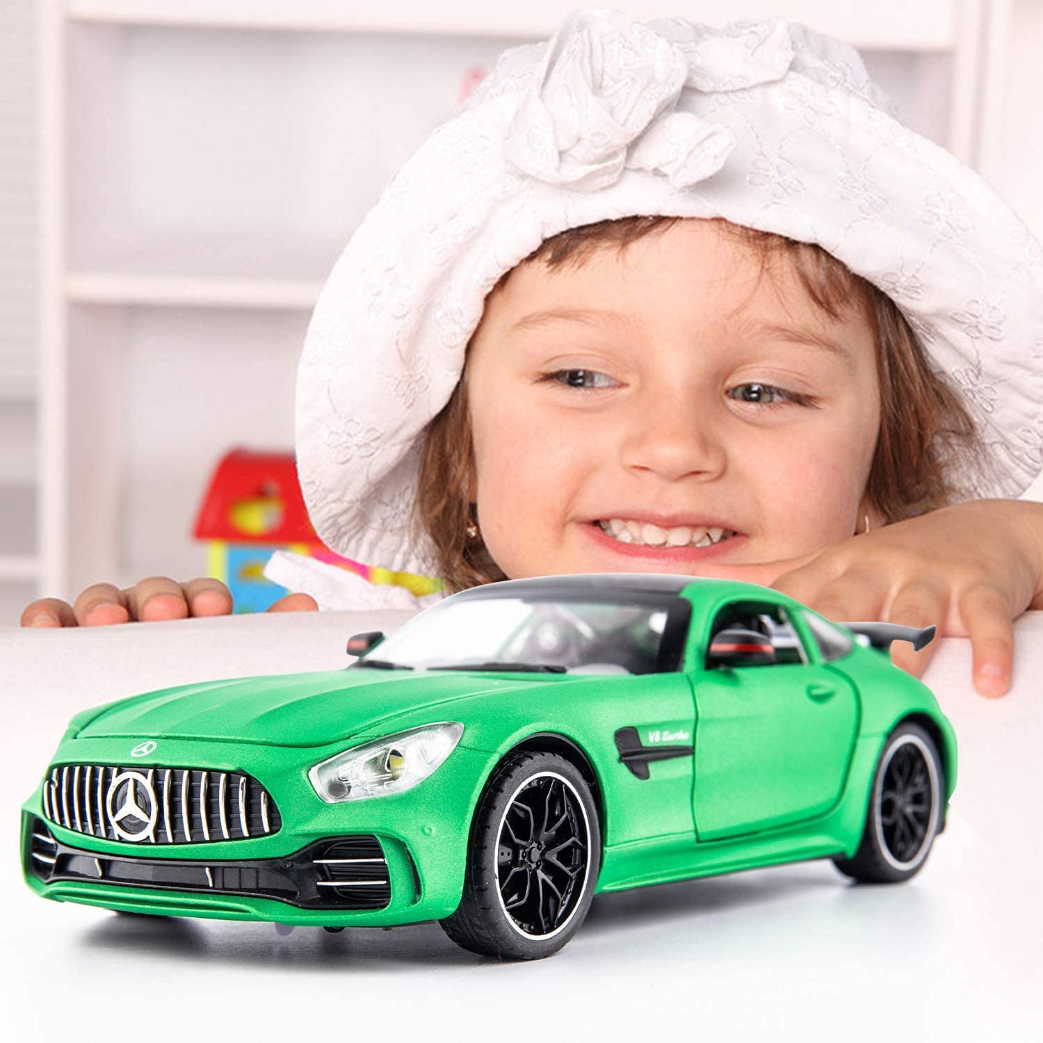 BIG SIZE MERCEDES BENZ AMG GTR 1:24 DIECAST METAL PULLBACK TOY CAR WITH OPENABLE DOORS & LIGHT, MUSIC BOYS CAR FOR KIDS BEST TOYS GIFTS TOYS FOR KIDS [SIZE:-21.5CM*8.7CM*6CM]【 MULTICOLOR 】