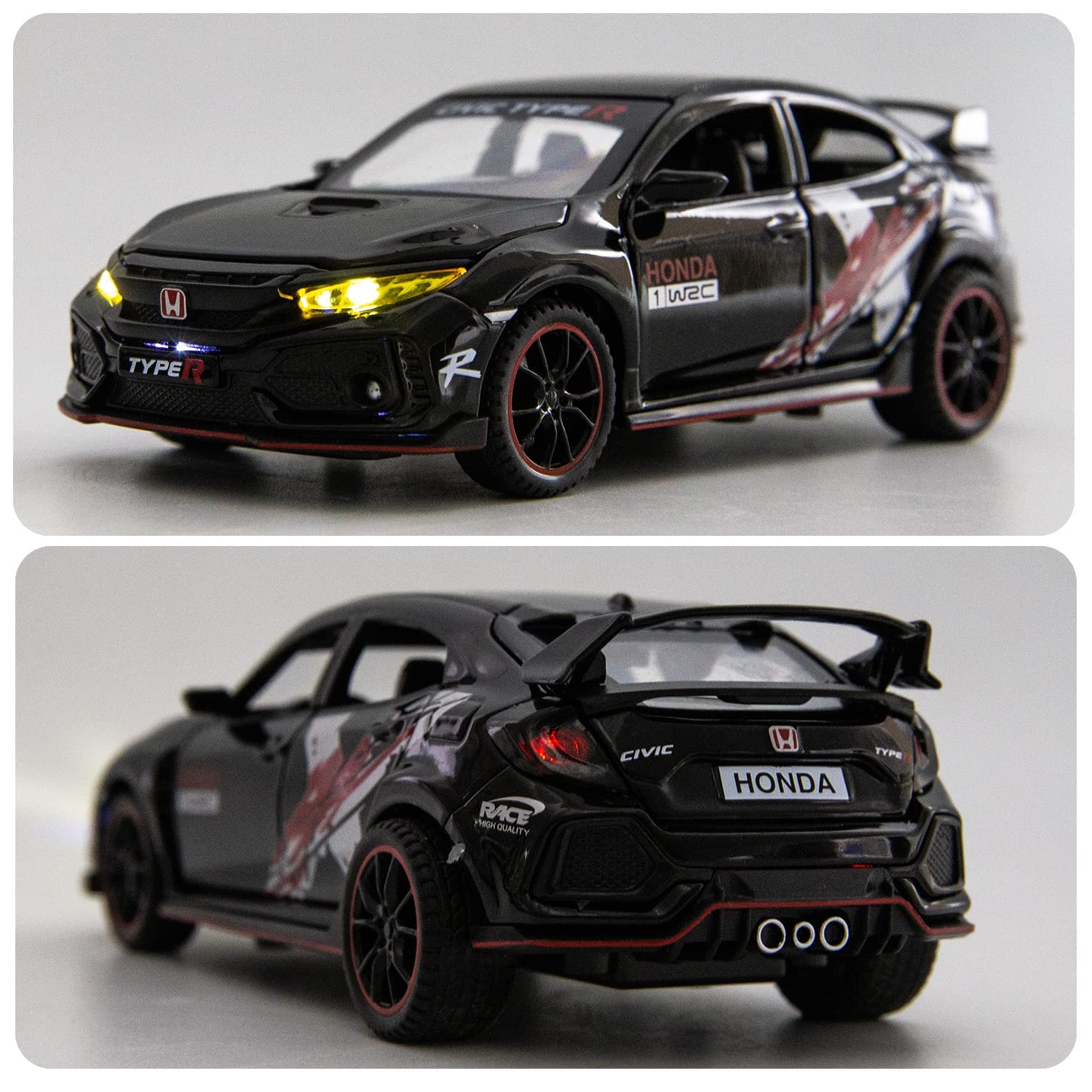 HONDA CIVIC TYPE-R 1:32 DIECAST METAL PULLBACK TOY CAR WITH OPENABLE DOORS & LIGHT, MUSIC BOYS CAR FOR KIDS BEST TOYS GIFTS TOYS FOR KIDS [SIZE:-15CM*6CM*4.5CM]【 MULTICOLOR 】