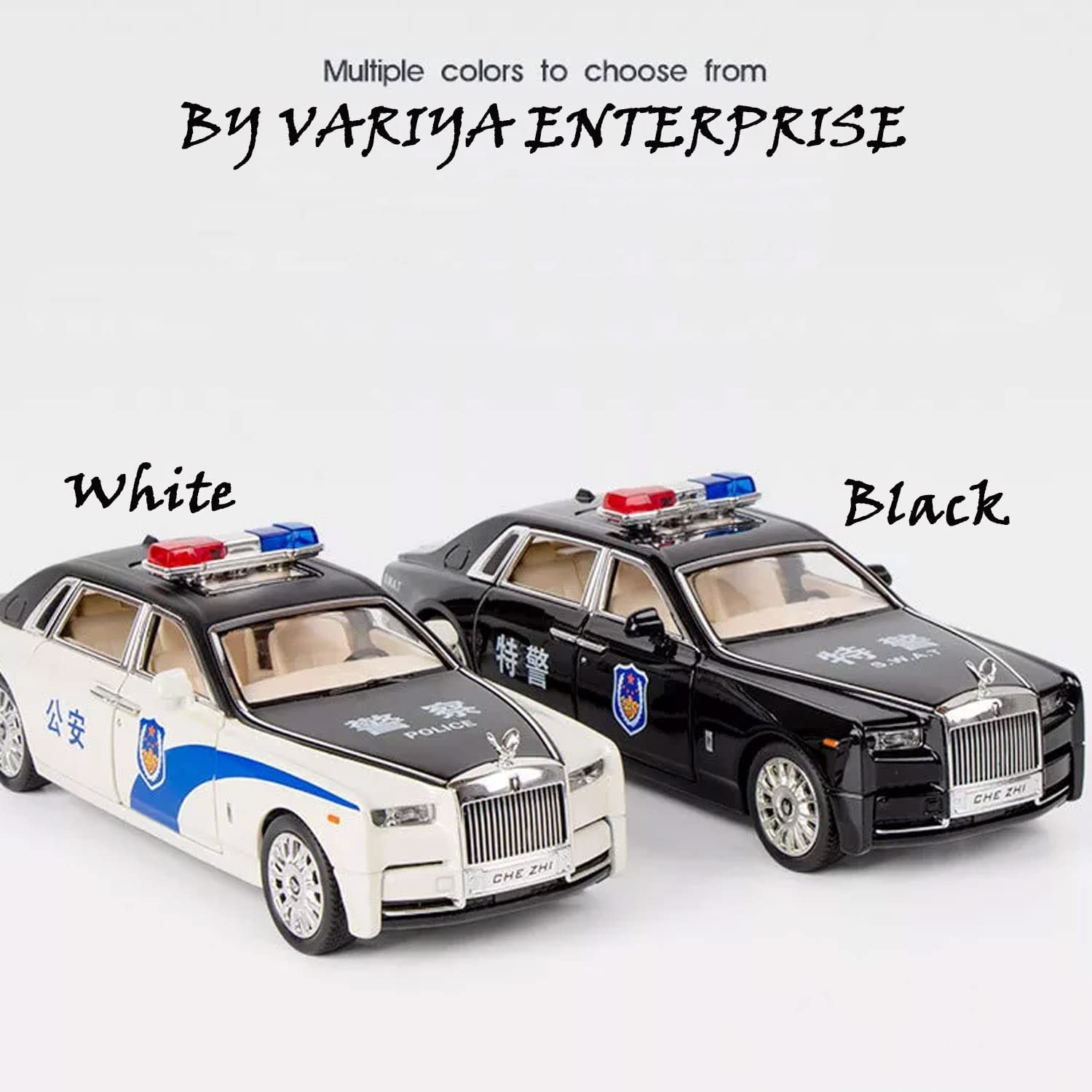 Big Size Rolls-Royce Phantom Police 1/24 Scale Wheels Diecast Metal Model Pull Back Alloy Toys With Light And Sound Collection (White, Black)[Size: 21Cm * 7.5Cm * 6.5Cm]