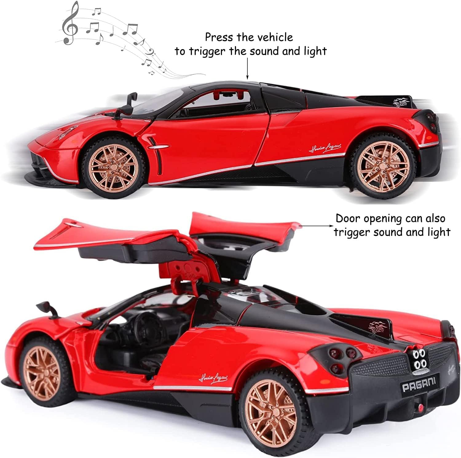 PAGANI HUAYRA 1/24 DIECAST  METAL PULL BACK DIECAST CAR WITH OPENABLE DOOR AND SOUND LIGHT, GIFTS TOYS FOR KIDS【 MULTICOLOR 】[SIZE : 20.5CM* 8.8CM*5CM]