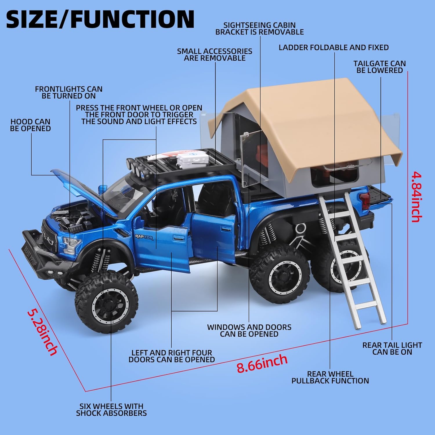 TRUCKS FOR KIDS F150 RAPTOR DIECAST TRUCKS, MODEL F150 PICKUP TRUCK WITH SIGHTSEEING CABIN, PULL BACK TRUCK TOYS WITH LIGHT AND SOUND [SIZE:-22CM*13.4CM*12.2CM]【 MULTICOLOR 】