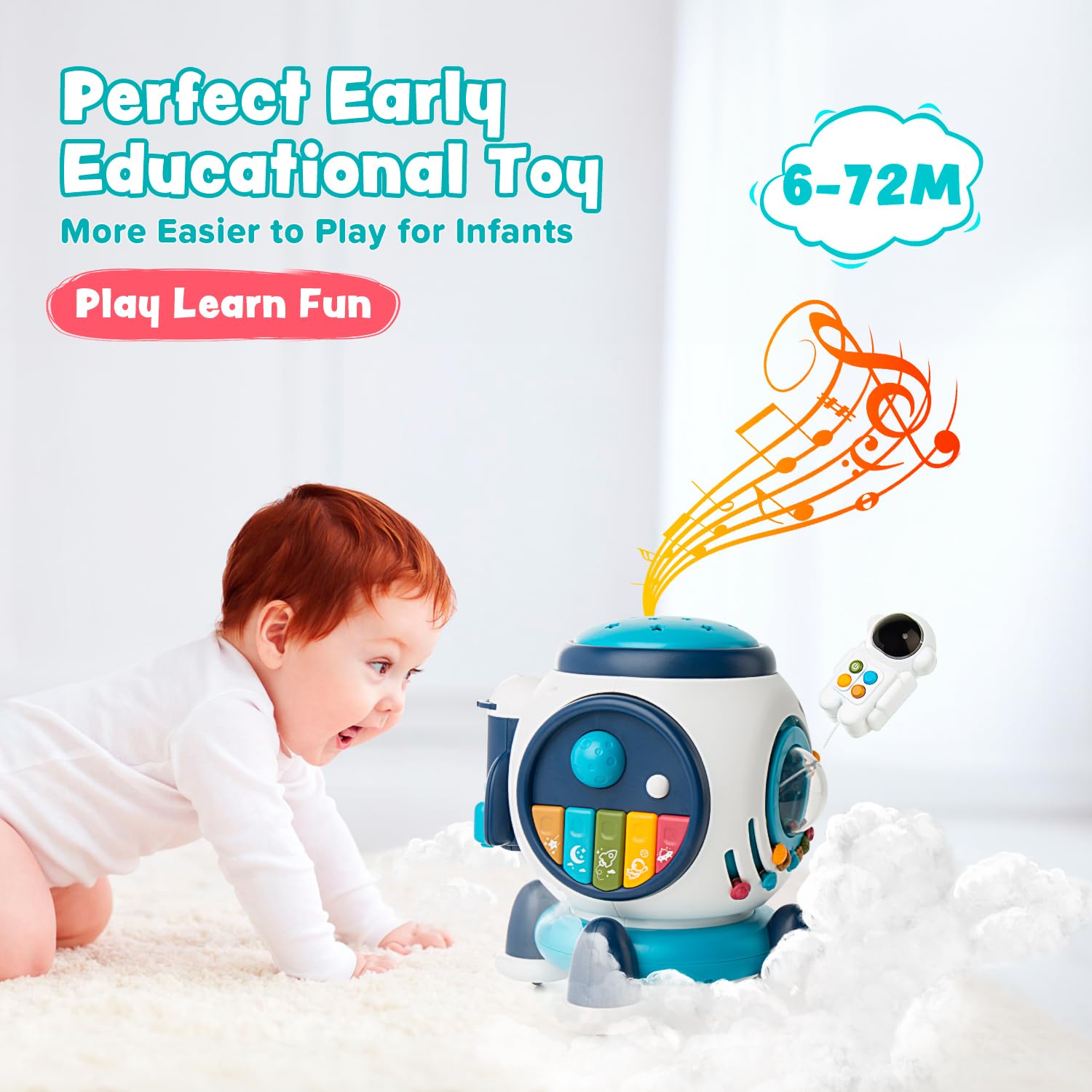 Baby Musical Toys for Toddlers 1-3, Light up Music Crawling Toy Infants 6 to 12 Months Baby Development Sensory with Piano Keyboard/Projection Flashlight/Birthday Gifts for Kids