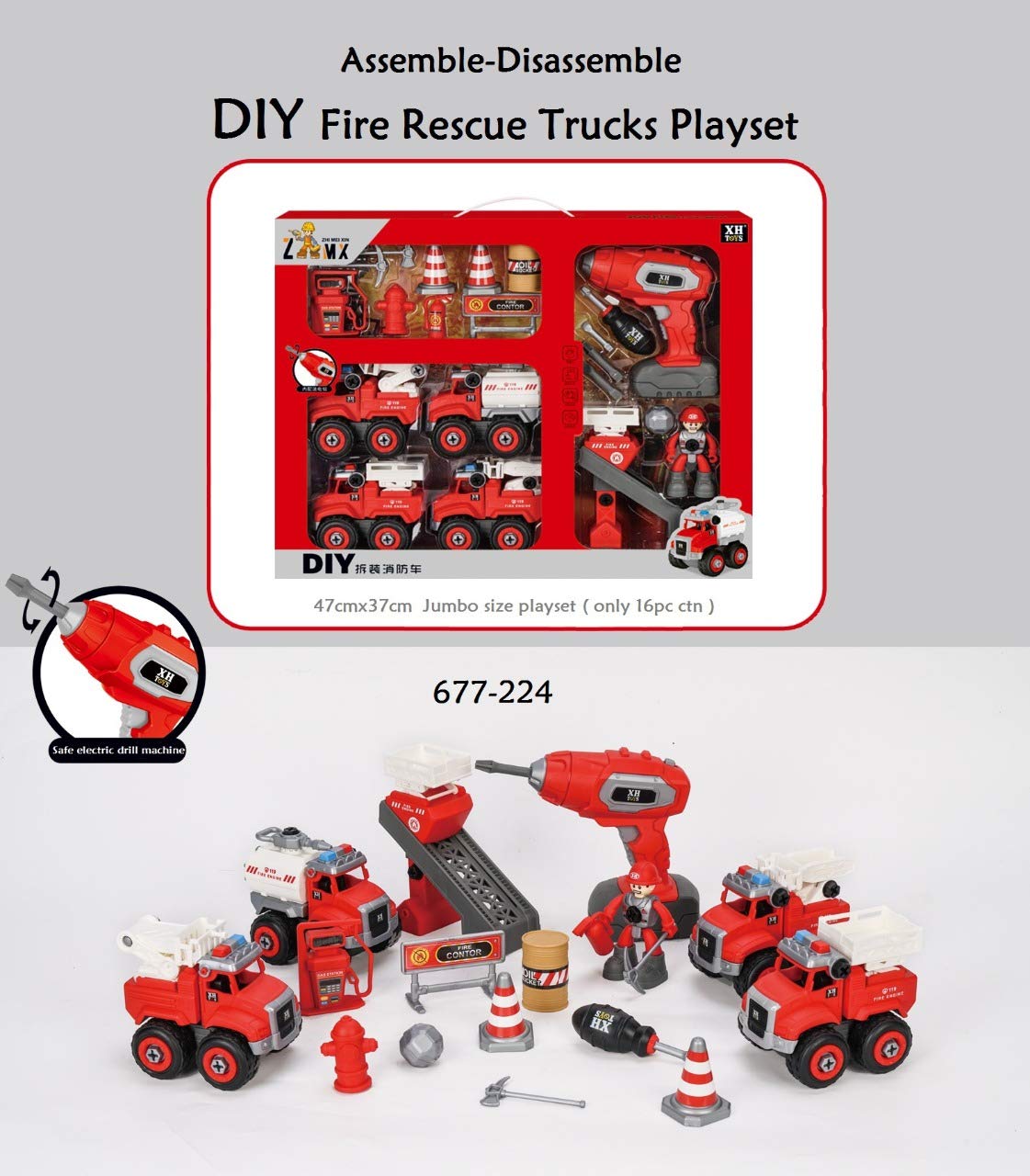 FIRE TRUCKS TOY PLAYSET 4 DIY TAKE APART TOYS CREATION DIY ASSEMBLY TOY DISASSEMBLING FIRE RESCUE TRUCKS SET UNBREAKABLE SCREWDRIVER AND DRILL MACHINE, EDUCATIONAL GIFT FOR KIDS 3-14 YEARS