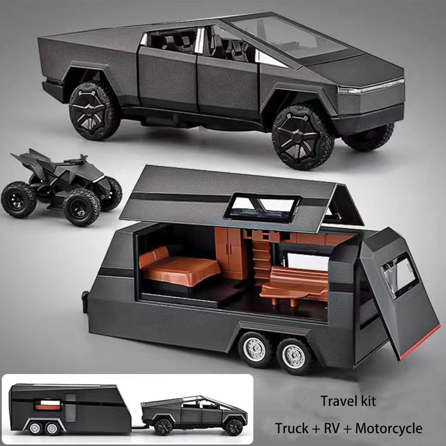 TESLA CYBER TRUCK PICK-UP TRAILER CAMPER 1:32 DIECAST METAL PULLBACK TOY CAR WITH OPENABLE DOORS & LIGHT, MUSIC BOYS CAR FOR KIDS BEST TOYS GIFTS TOYS FOR KIDS【 MULTICOLOR 】