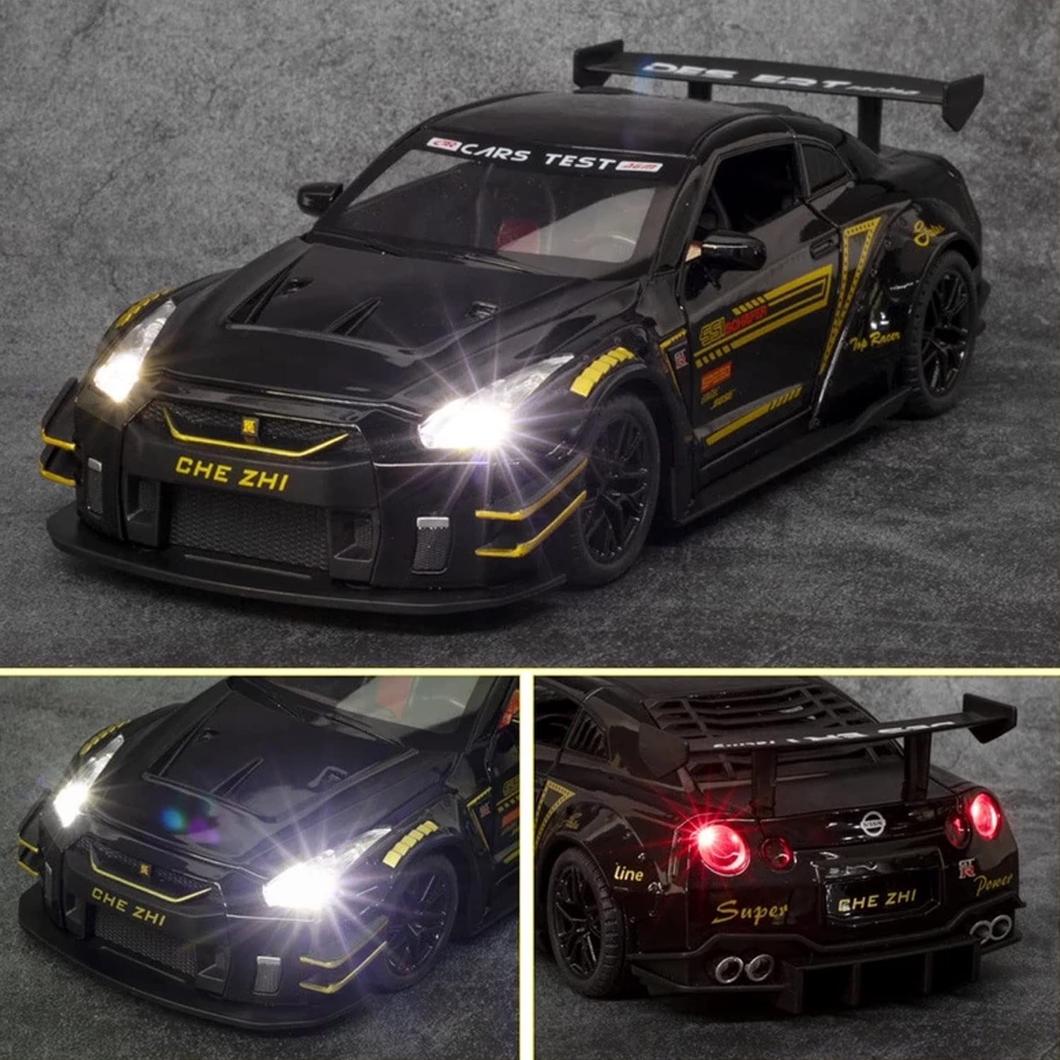 BIG SIZE NISSAN GTR SUPER SPORT 1:24 DIECAST METAL PULLBACK TOY CAR WITH OPENABLE DOORS & LIGHT, MUSIC BOYS CAR FOR KIDS BEST TOYS GIFTS TOYS FOR KIDS [SIZE:-21CM*8.5CM*5.5CM]【 MULTICOLOR 】