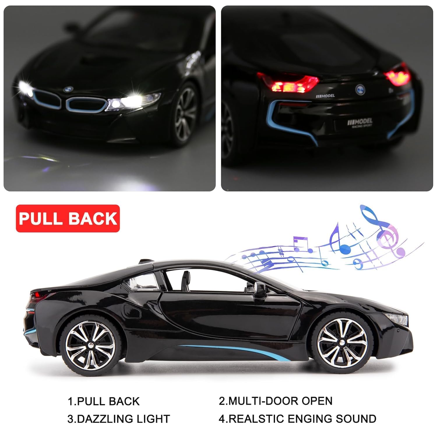 BIG SIZE COMPATIBLE FOR BMW I8 1:24 DIECAST METAL PULLBACK TOY CAR WITH OPENABLE DOORS & LIGHT, MUSIC BOYS CAR FOR KIDS BEST TOYS GIFTS TOYS FOR KIDS [SIZE:-21CM*7CM*6CM]【 MULTICOLOR 】