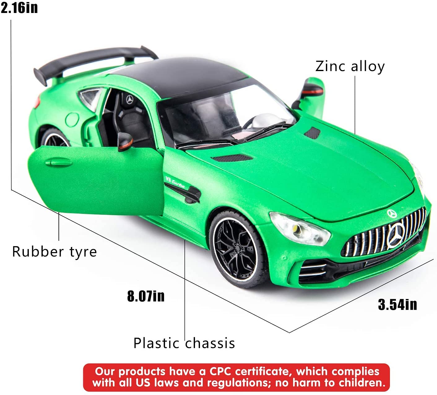 BIG SIZE MERCEDES BENZ AMG GTR 1:24 DIECAST METAL PULLBACK TOY CAR WITH OPENABLE DOORS & LIGHT, MUSIC BOYS CAR FOR KIDS BEST TOYS GIFTS TOYS FOR KIDS [SIZE:-21.5CM*8.7CM*6CM]【 MULTICOLOR 】