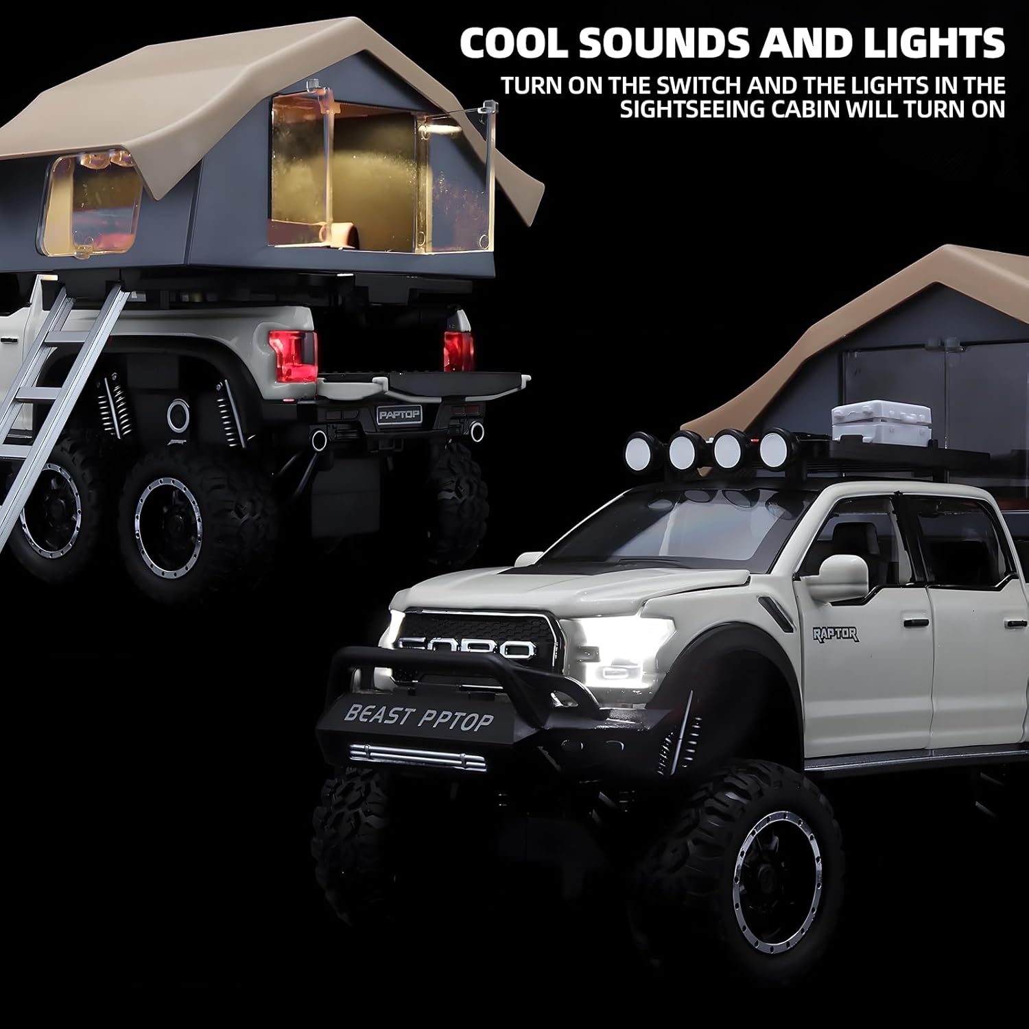 TRUCKS FOR KIDS F150 RAPTOR DIECAST TRUCKS, MODEL F150 PICKUP TRUCK WITH SIGHTSEEING CABIN, PULL BACK TRUCK TOYS WITH LIGHT AND SOUND [SIZE:-22CM*13.4CM*12.2CM]【 MULTICOLOR 】