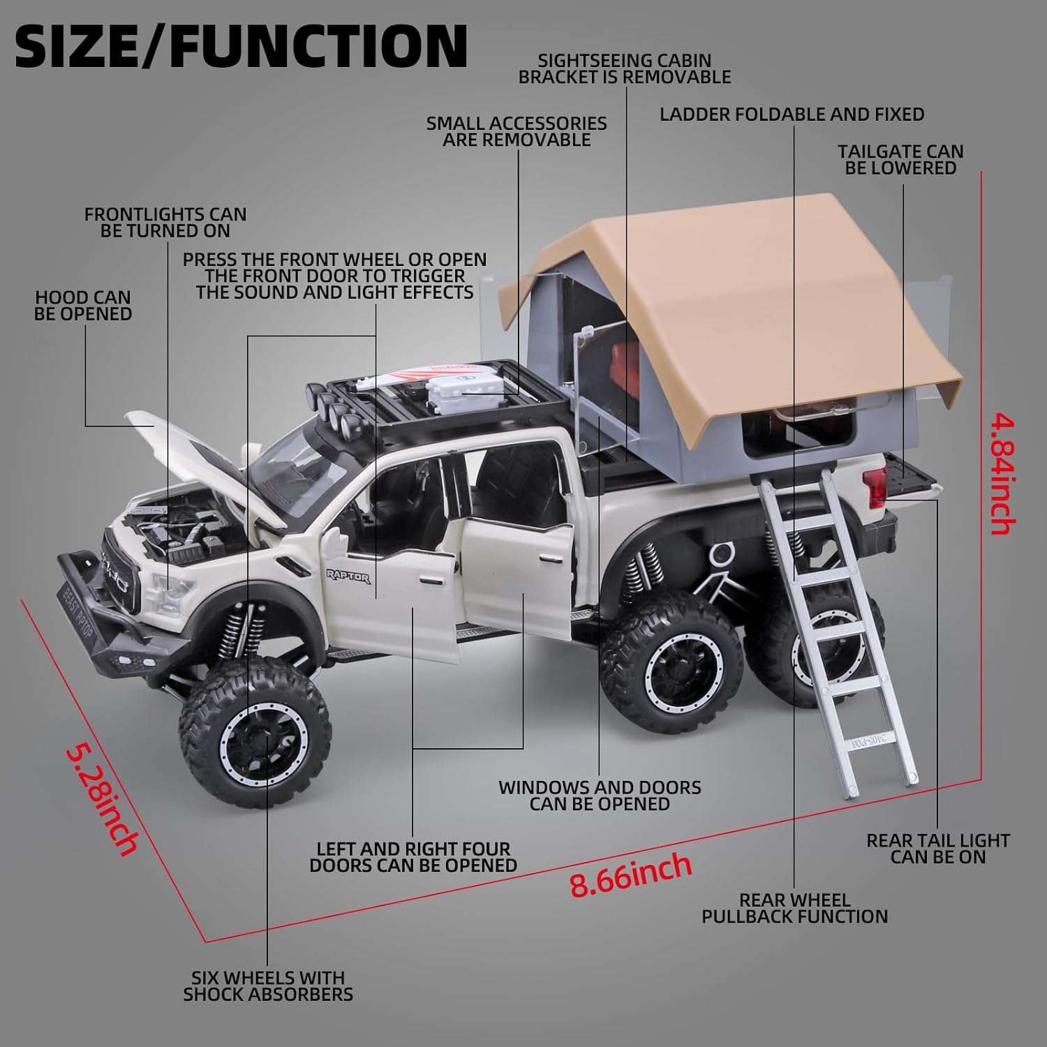 TRUCKS FOR KIDS F150 RAPTOR DIECAST TRUCKS, MODEL F150 PICKUP TRUCK WITH SIGHTSEEING CABIN, PULL BACK TRUCK TOYS WITH LIGHT AND SOUND [SIZE:-22CM*13.4CM*12.2CM]【 MULTICOLOR 】