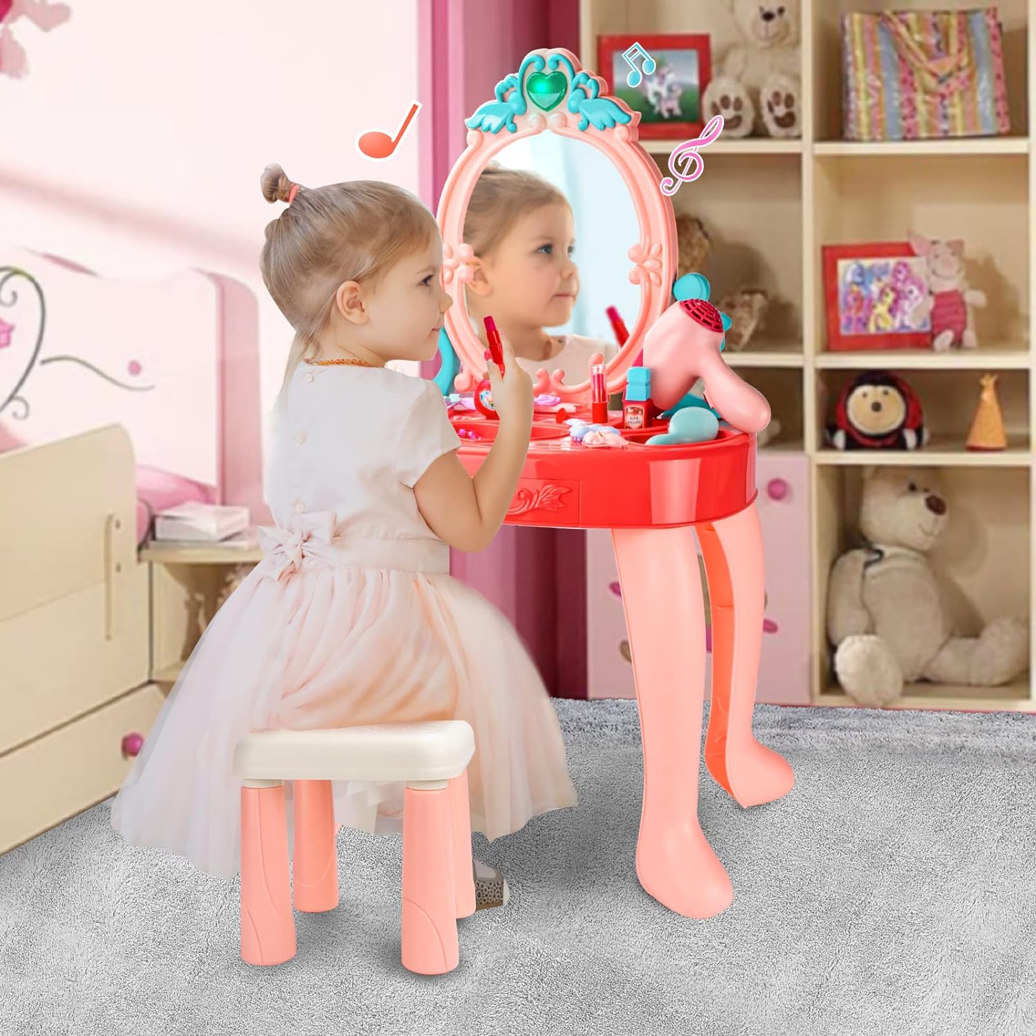 UNIH Toddler Vanity Set Kids Toy Vanity Table for Little Girls with Mi