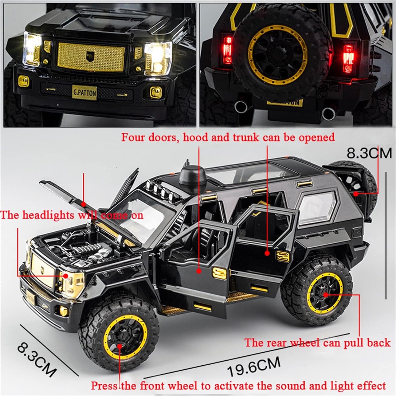 BIG SIZE G-PATTON 1:24 DIECAST METAL PULLBACK TOY CAR WITH OPENABLE DOORS & LIGHT, MUSIC BOYS CAR FOR KIDS BEST TOYS GIFTS TOYS FOR KIDS [SIZE:-19.6CM*8.3CM*8.3CM]【 MULTICOLOR 】