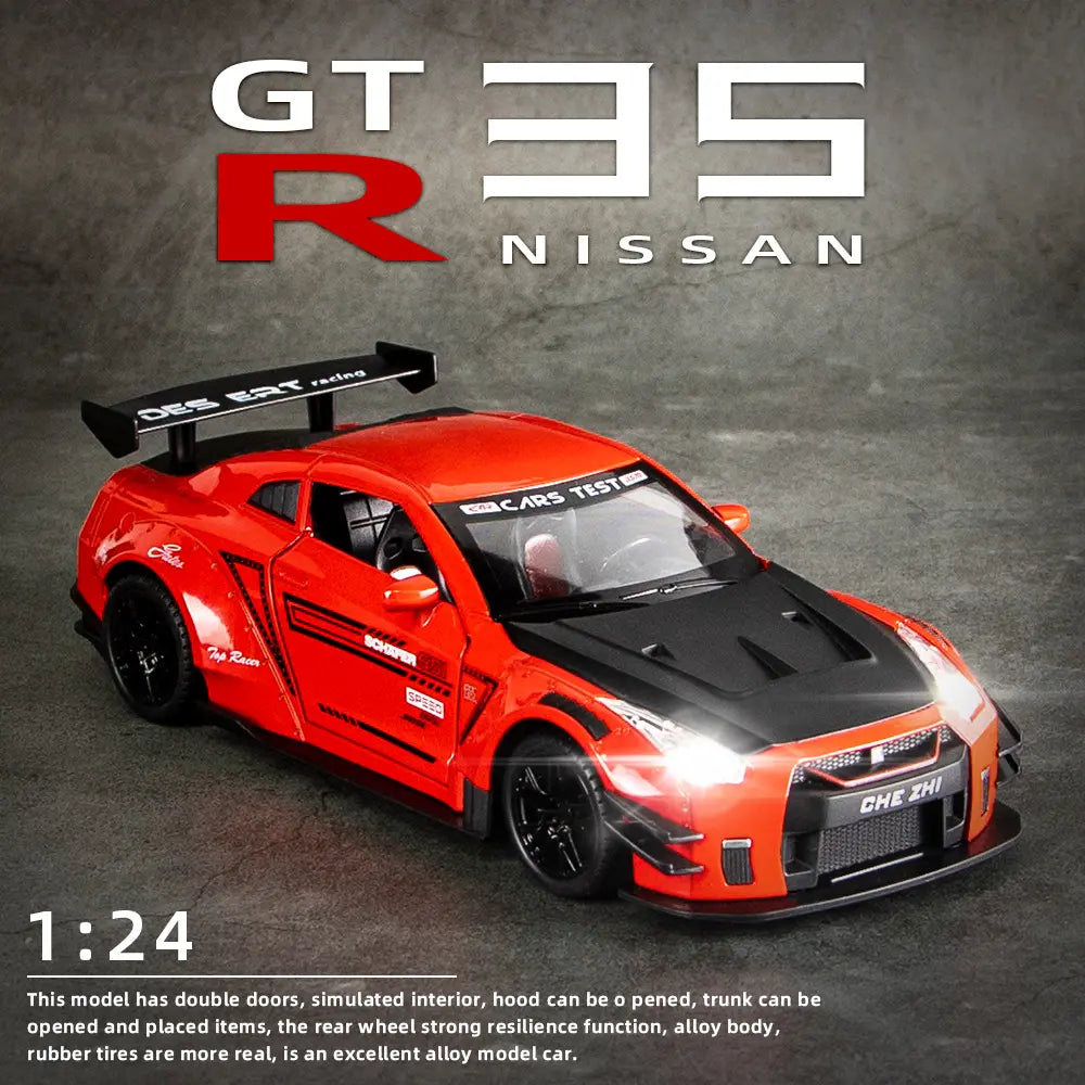 BIG SIZE NISSAN GTR SUPER SPORT 1:24 DIECAST METAL PULLBACK TOY CAR WITH OPENABLE DOORS & LIGHT, MUSIC BOYS CAR FOR KIDS BEST TOYS GIFTS TOYS FOR KIDS [SIZE:-21CM*8.5CM*5.5CM]【 MULTICOLOR 】