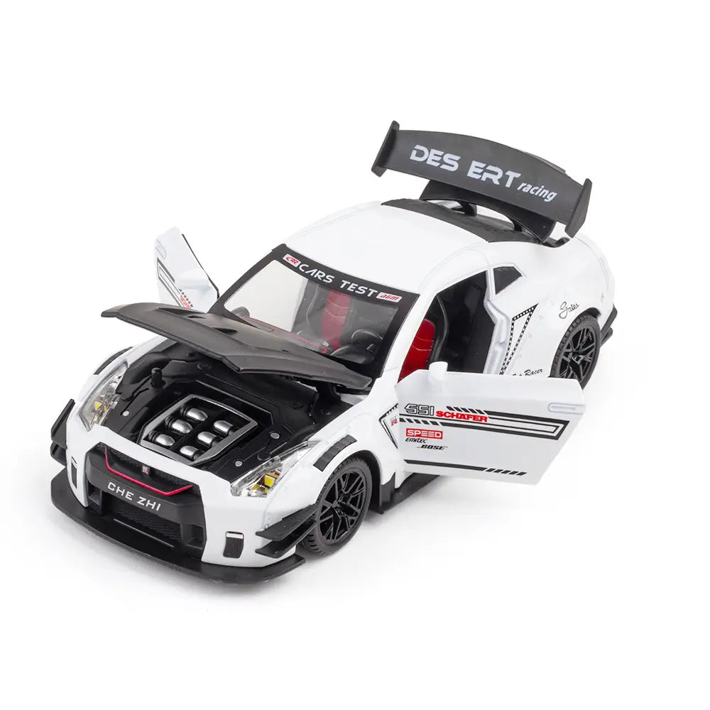 BIG SIZE NISSAN GTR SUPER SPORT 1:24 DIECAST METAL PULLBACK TOY CAR WITH OPENABLE DOORS & LIGHT, MUSIC BOYS CAR FOR KIDS BEST TOYS GIFTS TOYS FOR KIDS [SIZE:-21CM*8.5CM*5.5CM]【 MULTICOLOR 】