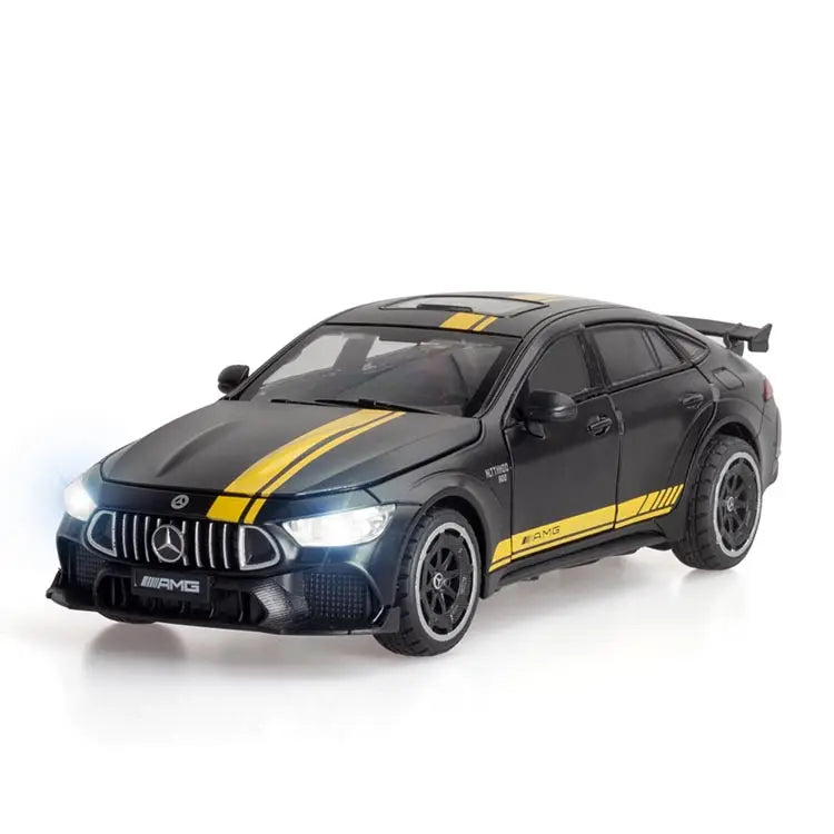 BIG SIZE MERCEDES BENZ AMG GTR 1:24 DIECAST METAL PULLBACK TOY CAR WITH OPENABLE DOORS & LIGHT, MUSIC BOYS CAR FOR KIDS BEST TOYS GIFTS TOYS FOR KIDS [SIZE:-21.5CM*8.7CM*6CM]【 MULTICOLOR 】