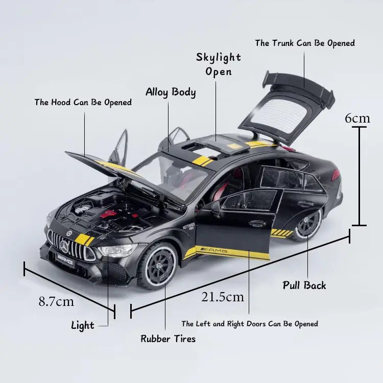 BIG SIZE MERCEDES BENZ AMG GTR 1:24 DIECAST METAL PULLBACK TOY CAR WITH OPENABLE DOORS & LIGHT, MUSIC BOYS CAR FOR KIDS BEST TOYS GIFTS TOYS FOR KIDS [SIZE:-21.5CM*8.7CM*6CM]【 MULTICOLOR 】