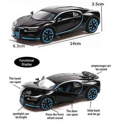 BUGATTI CHIIRON 1:32 TOY CAR METAL PULL BACK DIECAST CAR WITH OPENABLE DOOR AND SOUND LIGHT, GIFTS TOYS FOR KIDS【 MULTICOLOR 】 [SIZE : 14.3CM* 6CM* 3.5CM]