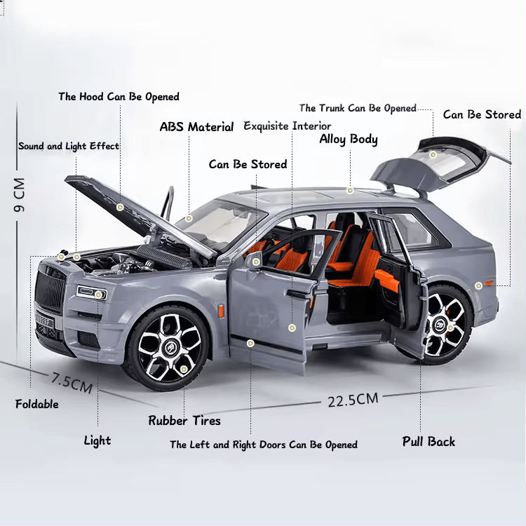 BIG SIZE ROLLS ROYCE CULLINAN 1:24 DIECAST METAL PULLBACK TOY CAR WITH OPENABLE DOORS & LIGHT, MUSIC BOYS CAR FOR KIDS BEST TOYS GIFTS TOYS FOR KIDS [SIZE:-22.5CM*9CM*7.5CM]【 MULTICOLOR 】