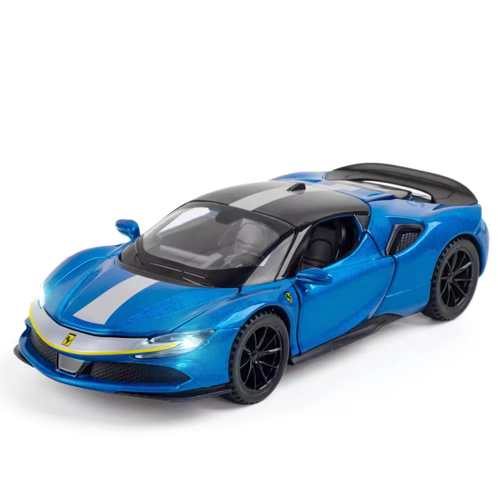 FERRARI SF90 1:32 DIECAST METAL PULLBACK TOY CAR WITH OPENABLE DOORS & LIGHT, MUSIC BOYS CAR FOR KIDS BEST TOYS GIFTS TOYS FOR KIDS [SIZE:-15.2CM*6.5CM*3.5CM]【 MULTICOLOR 】