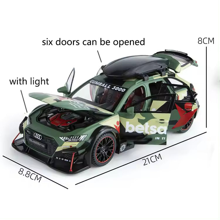 Audi RS6 Militery Supercar 1:24 Diecast Scale Model Metal Pull Back Toy car for Kids with Openable Doors & Light, Music Toy Vehicle for Kids - Colours as Per Stock【 MULTICOLOR 】