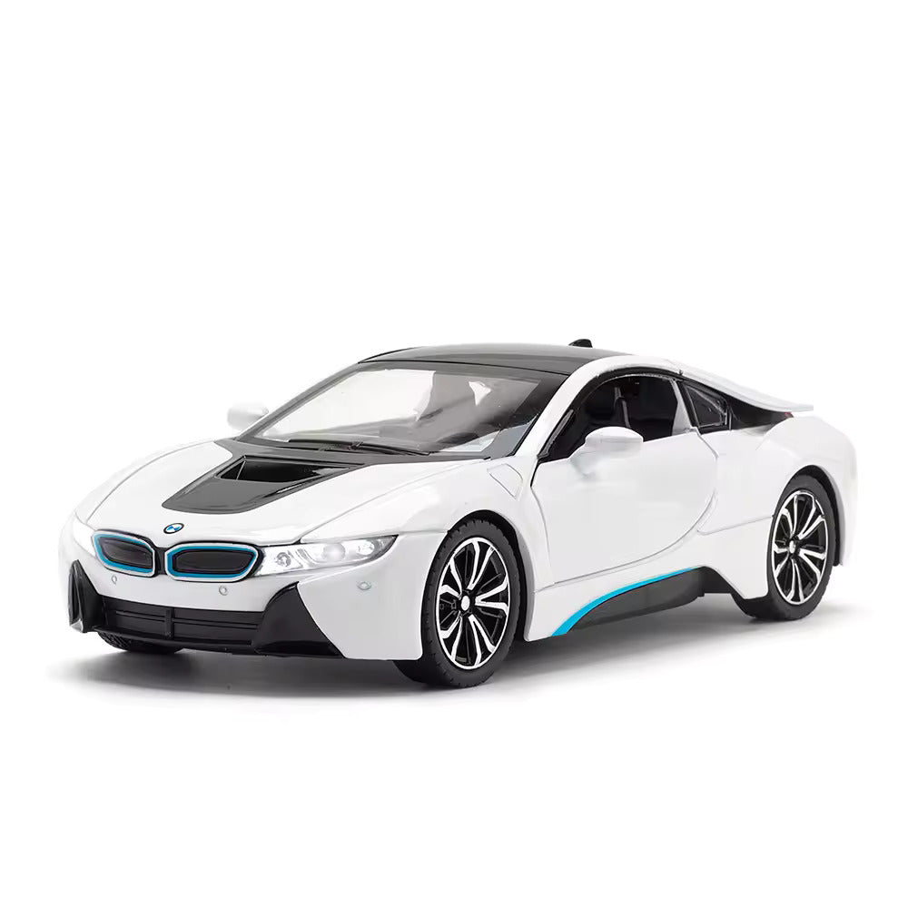 BIG SIZE COMPATIBLE FOR BMW I8 1:24 DIECAST METAL PULLBACK TOY CAR WITH OPENABLE DOORS & LIGHT, MUSIC BOYS CAR FOR KIDS BEST TOYS GIFTS TOYS FOR KIDS [SIZE:-21CM*7CM*6CM]【 MULTICOLOR 】