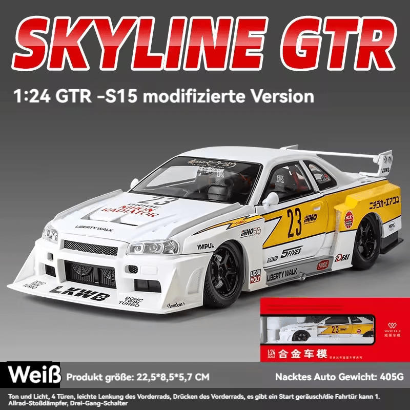 Big Size 1:24 LBWK Nissan E-R34 Super Silhouette Skyline GTR Diecast Scale Model Metal Pull Back with Openable Doors & Light, Music Toy Vehicle for Kids [SIZE:-21 CM*9CM*8.5CM]【 MULTICOLOR 】