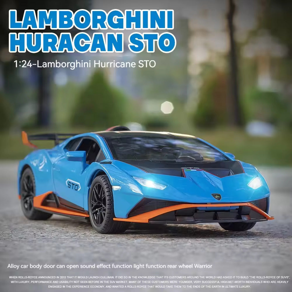 BIG SIZE LAMBORGHINI HURRICANE STO SPORTS 1:24 DIECAST METAL PULLBACK TOY CAR WITH OPENABLE DOORS & LIGHT, MUSIC BOYS CAR FOR KIDS BEST TOYS GIFTS TOYS FOR KIDS [SIZE:-21CM*9CM*5.3CM]【 MULTICOLOR 】