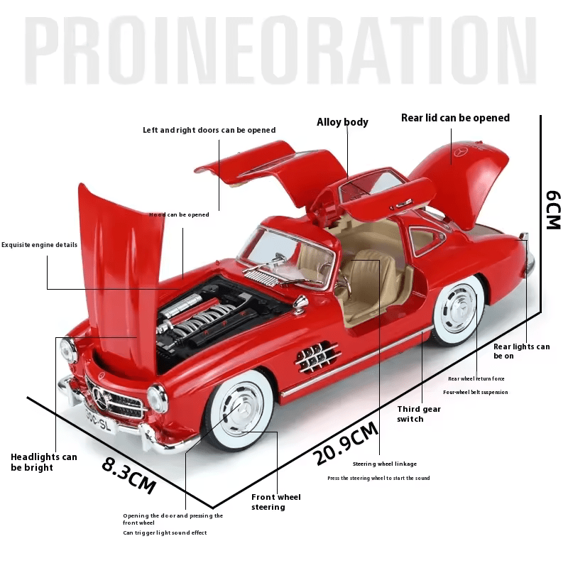 Mercedes-Benz 300SL Big Size 1:24 DIECAST METAL PULLBACK TOY CAR WITH OPENABLE DOORS & LIGHT, MUSIC BOYS CAR FOR KIDS BEST TOYS GIFTS TOYS FOR KIDS [SIZE:-22CM*9CM*7CM]【 MULTICOLOR 】